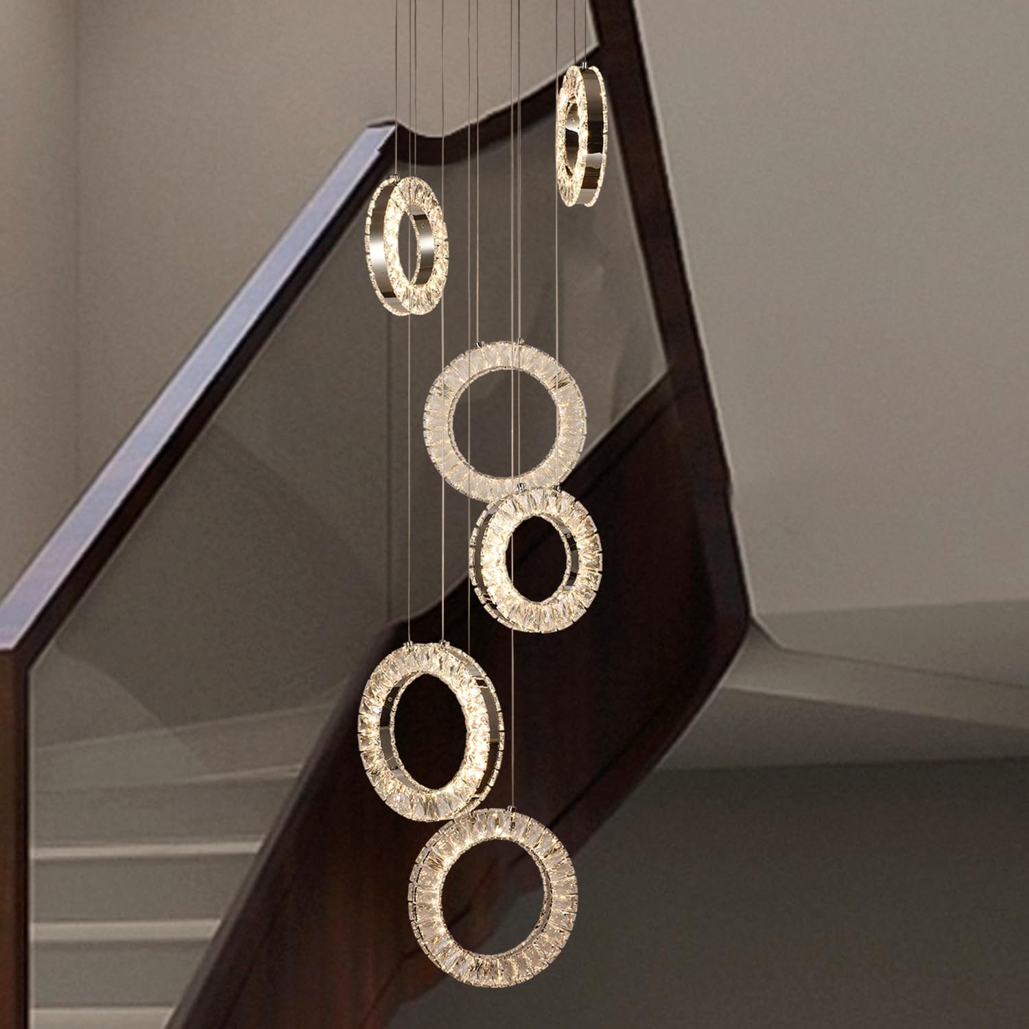 Modern Staircase Chandelier, 6 Rings High Ceiling Crystal Chandelier in Chrome, Dimmable LED Cluster Pendant Light Fixture with Remote for Foyer Entryway Living Room