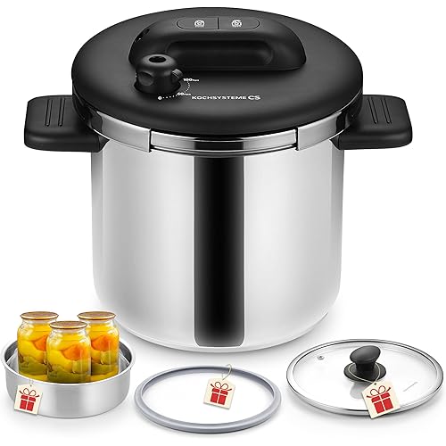 KOCH SYSTEME CS Stainless Steel Pressure Cooker 8.5 Quart, Olla de Presion, 3 PSI Settings, 18/10 Stainless Steel Pressure Cooker, One-Press Lock Pressure Cookers, Induction Ready, Glass Lid & Steamer