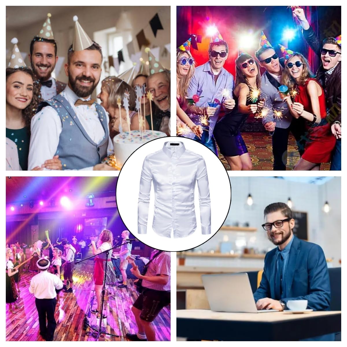 Camicia da uomo, camicia a maniche lunghe in raso lucido come seta, camicia a maniche lunghe con bottoni, camicia da smoking liscia senza pieghe, tinta unita, camicette casual per danza, discoteca