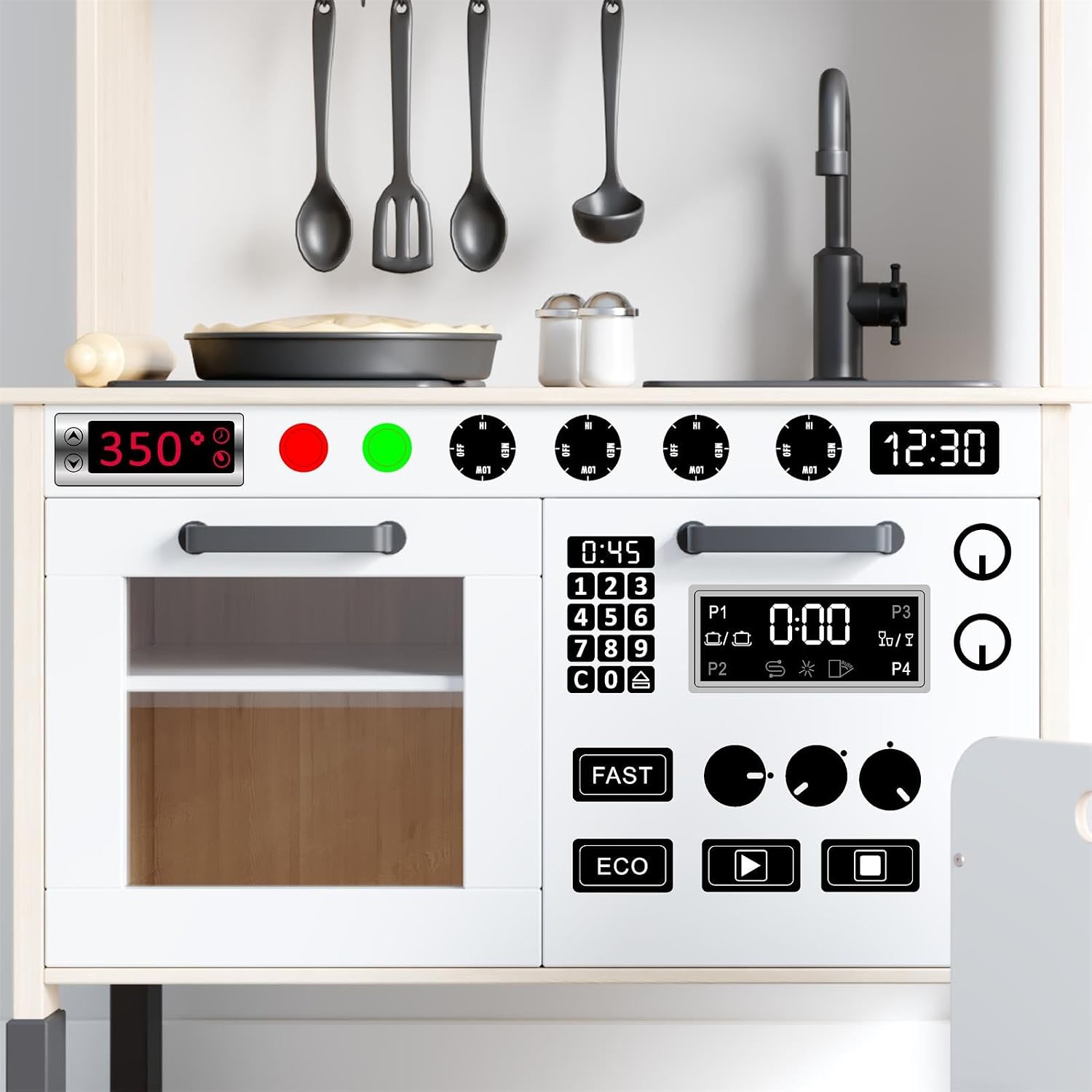 Play Kitchen Decals Stove Cooker Microwave Oven Stickers Vinyl Toy Stove Sticker DIY Replacement Kitchen Stickers Toy Stoves Gas Burner Sticker Waterproof Kids Toddler Playroom Decals