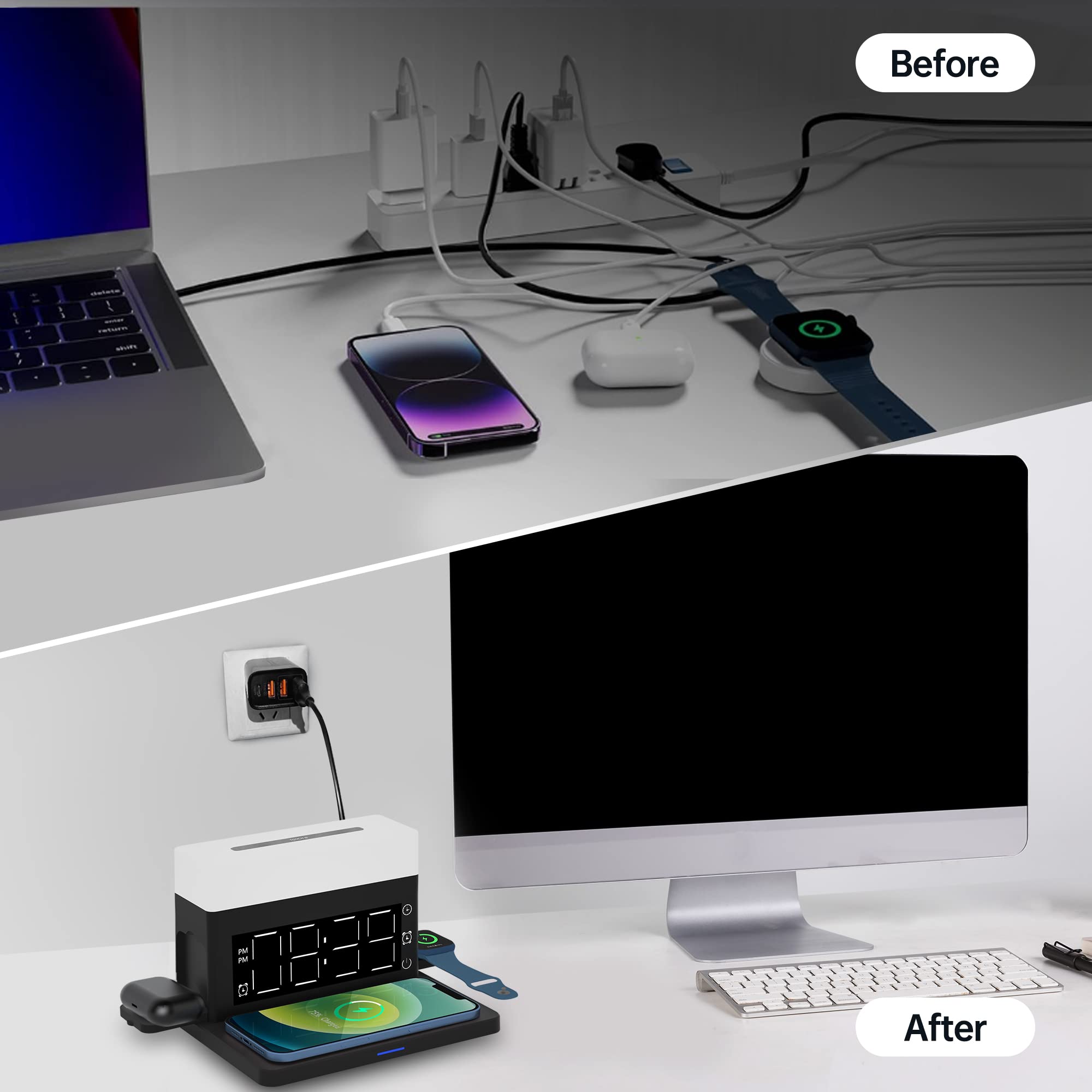 Chargeur sans fil, station de charge sans fil 6 en 1 avec réveil numérique et veilleuse, chargeur rapide 15 W compatible avec iPhone 14/13/12/11/XS, Samsung Galaxy AirPods et Apple Watch