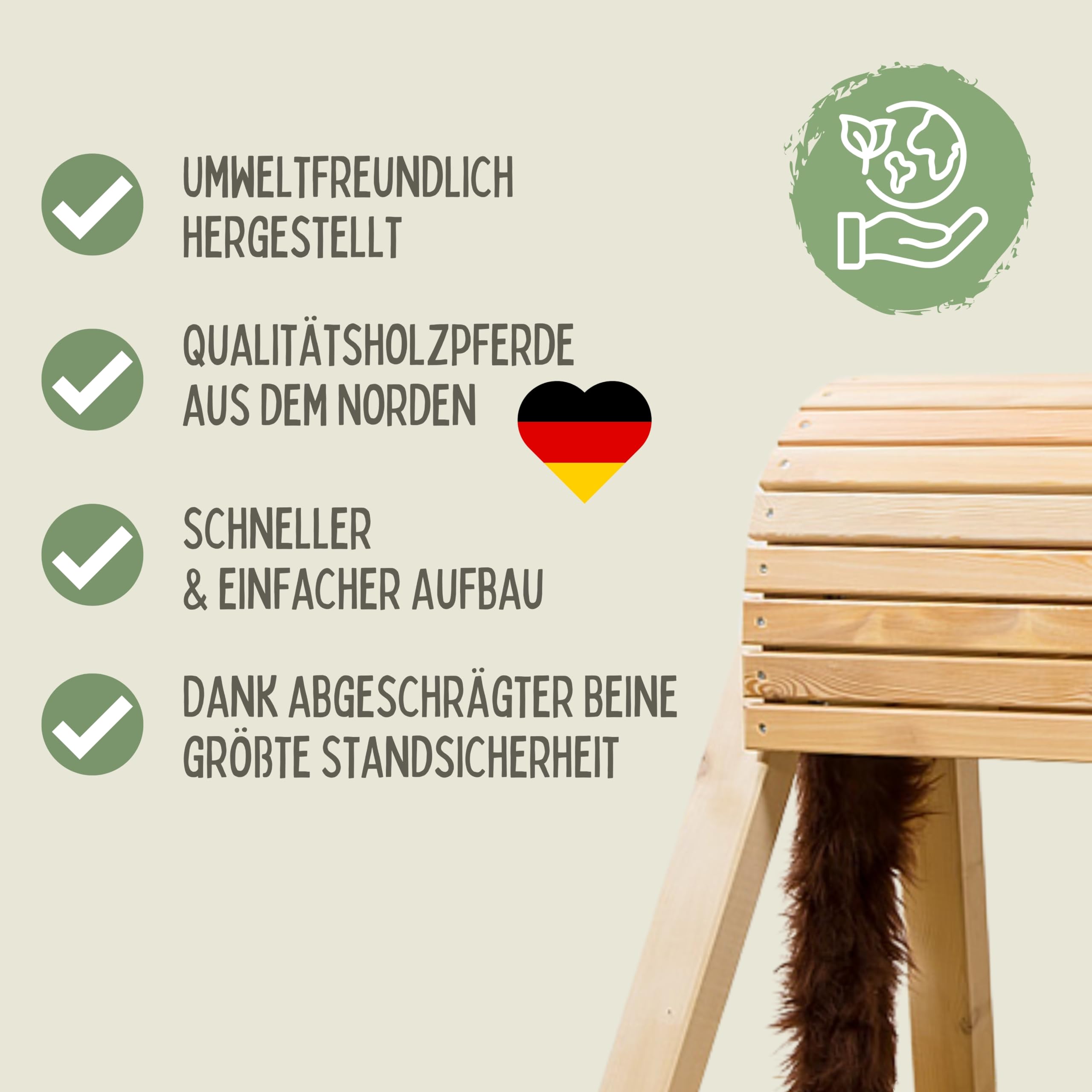 Bausatz 100cm für draußen Reitpferd Garten Voltigierbock für Kinder, Stehpferd groß, Gartenpferd handgefertigt aus Deutschland, Voltigierpferd Holzpony mit Mähne