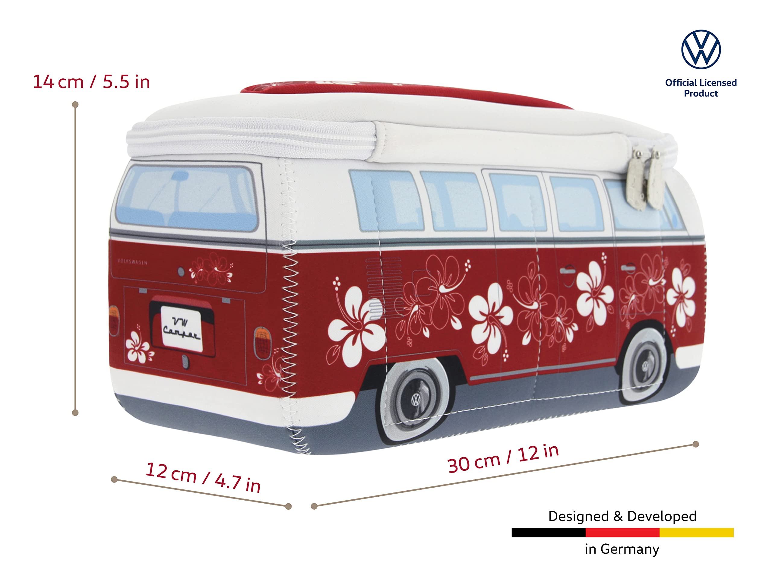 BRISA VW Collection - Volkswagen Neopren Universal-Schmink-Kosmetik-Kultur-Reise-Apotheke-Tasche-Beutel im T1 Bulli Bus Design (Hibiskus/Rot/Groß)
