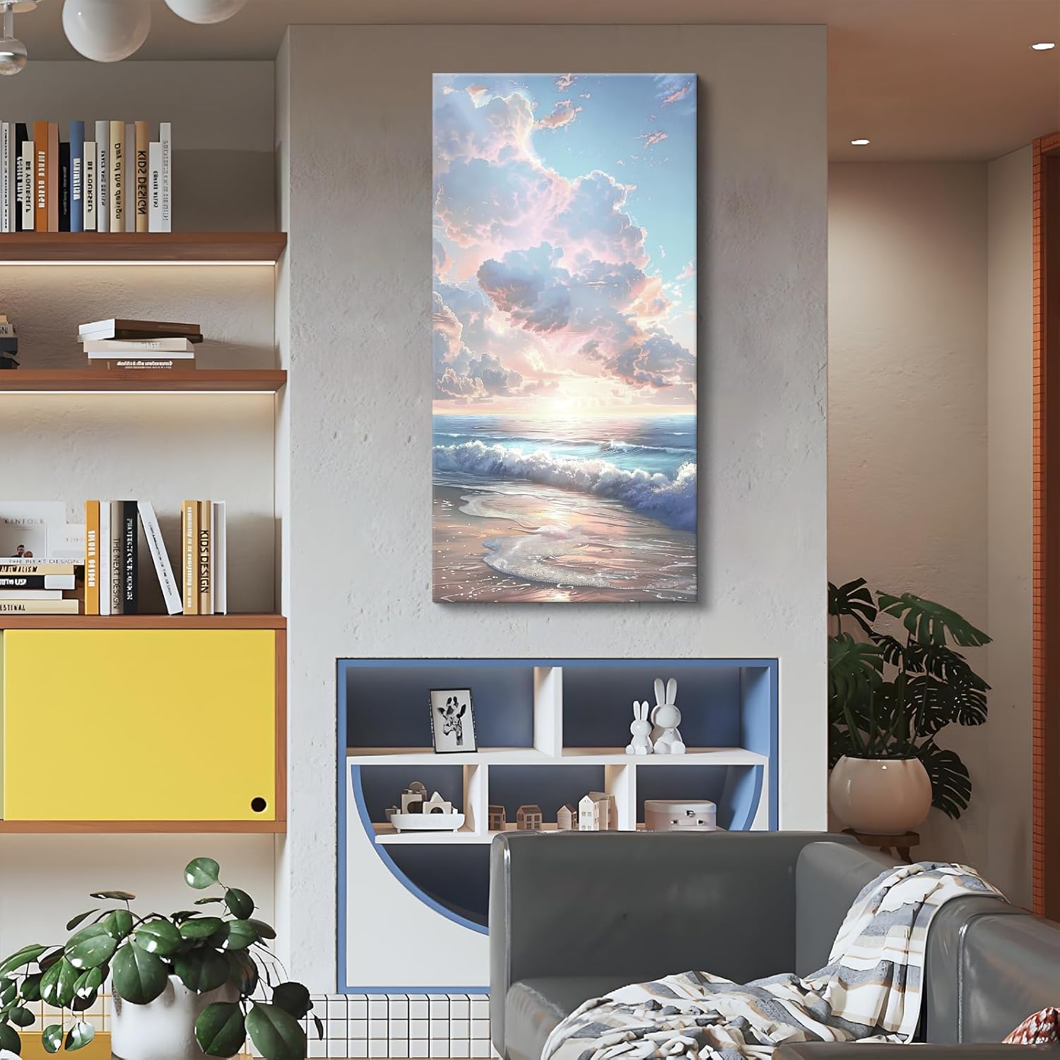 24x48 Inch Framed Beach Sunset Wall Art Coastal Landscape Canvas Print with Waves and Palm Trees Ocean Seaside Wall Decor for Living Room Bedroom Bathroom Office Hallway