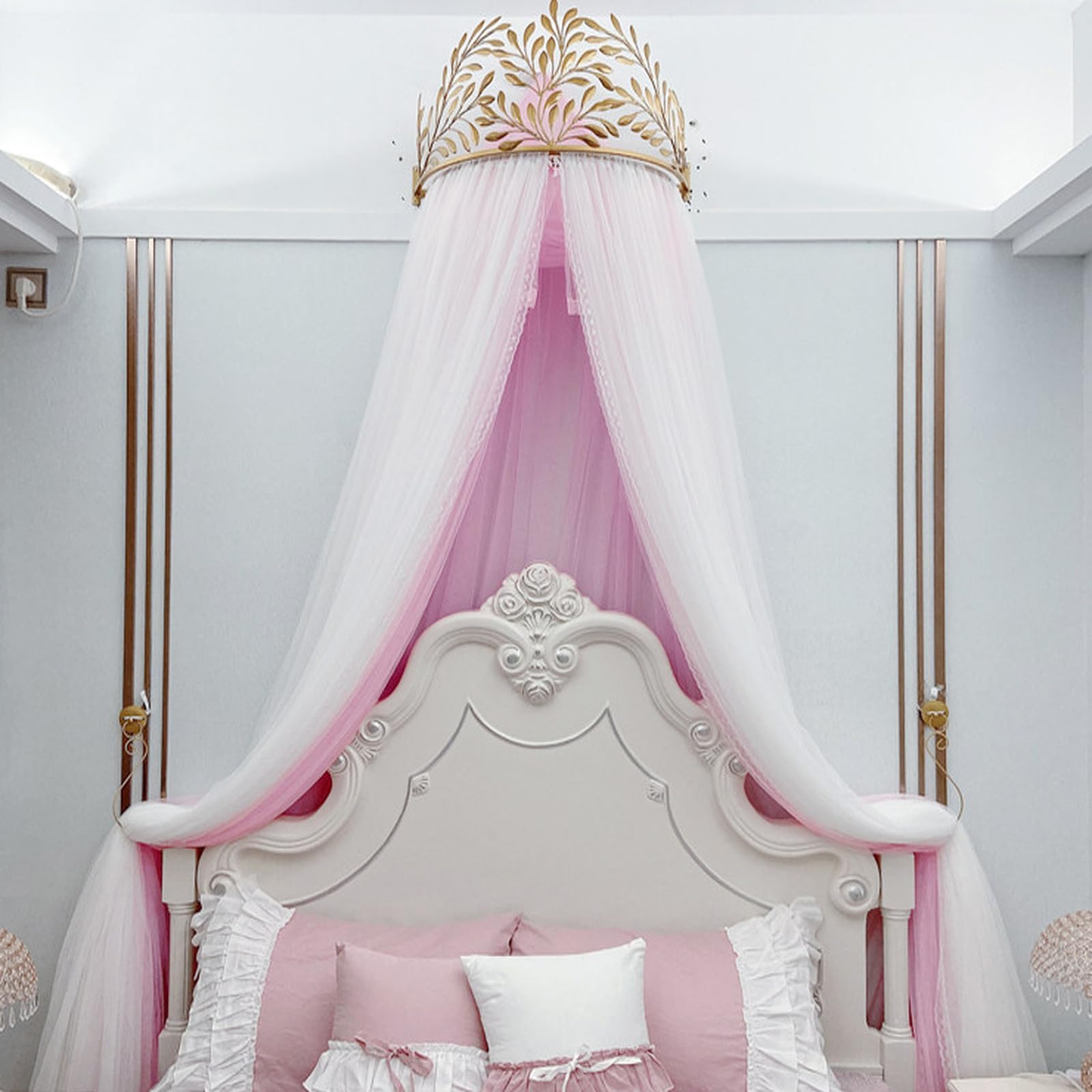 SDCGB Princess Bed Canopy for Girls & Adults, Elegant Double Layer Bed Curtain Princess Crown Mosquito Netting for Room Décor, Cherry Pink
