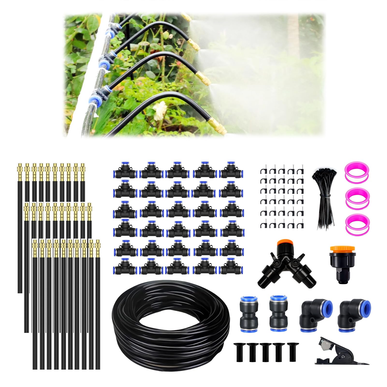 Sistema de riego de 30 m para jardín, sistema de riego ajustable a 360° | Kit de manguera de riego con 30 boquillas ajustables para balcón, jardín, invernadero