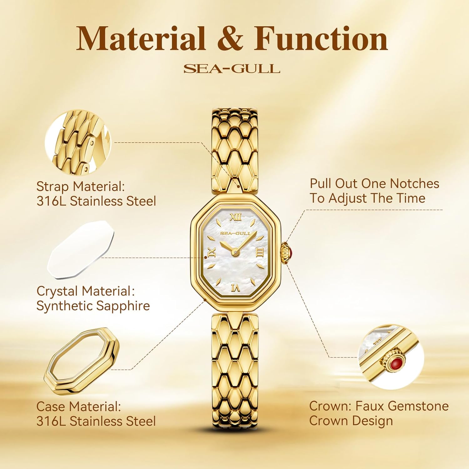 SEA-GULL Women's Quartz Watch, Elegant Analog Wristwatch with Stainless Steel Case, Scratch Resistant Sapphire Crystal, Optional Leather/Steel Strap for Daily Wear