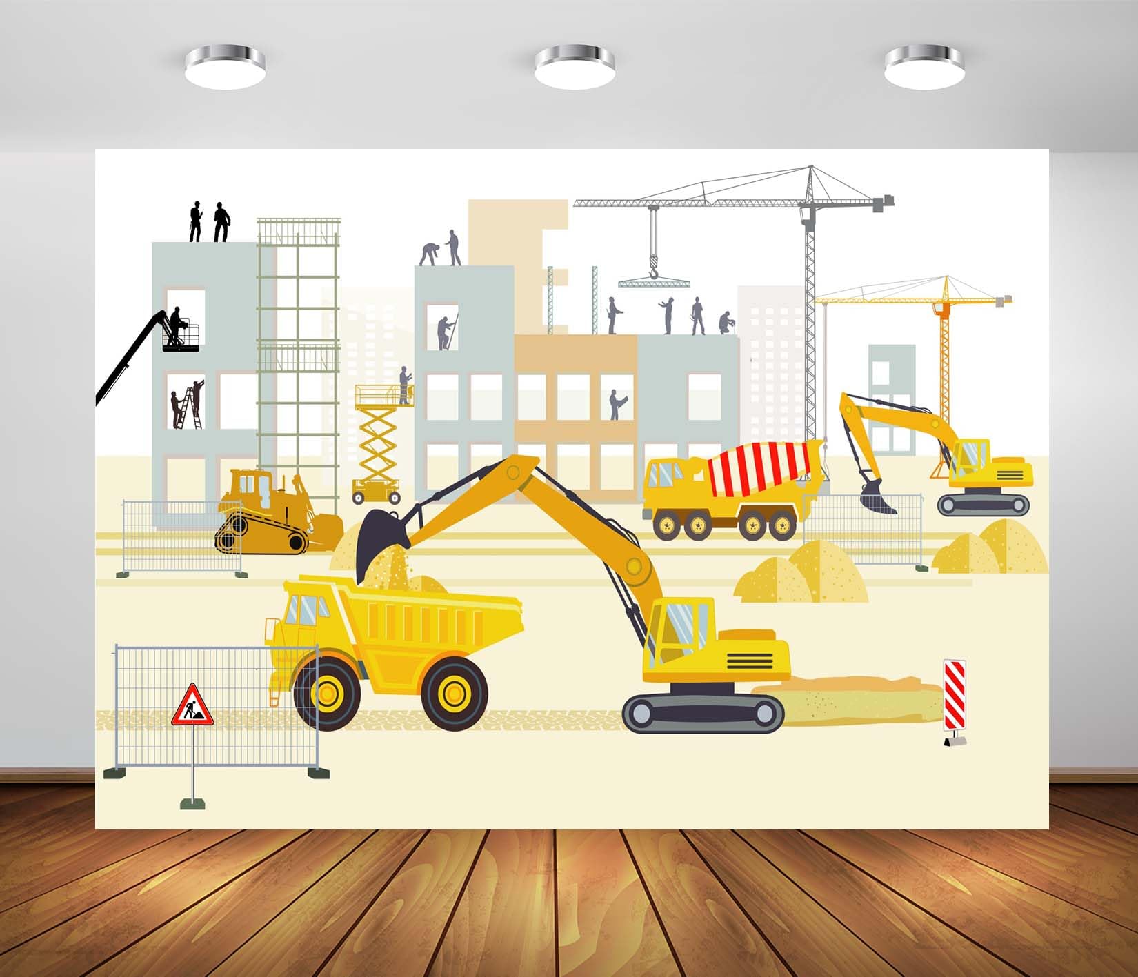 3.6x3m Stoff Cartoon Baustelle Bagger Kran Muldenkipper Arbeiter Silhouette Hintergrund Kinder Baumaschinen Motiv Fotografie Hintergrund für Kindergeburtstag Photo Booth