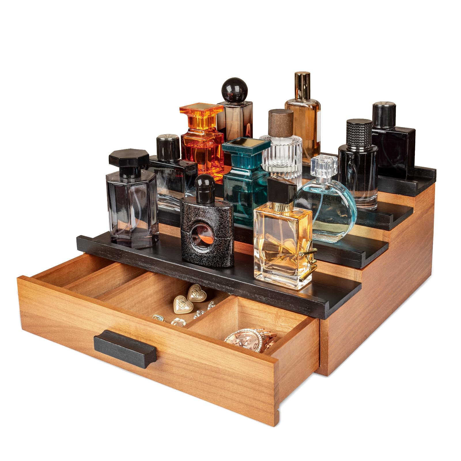 Organizador de Perfumes 4 Niveles con Cajón | Colonia Estante Exhibidor de Madera para Hombre y Mujer, Organizador de Baño y Dormitorio Color Madera Natural