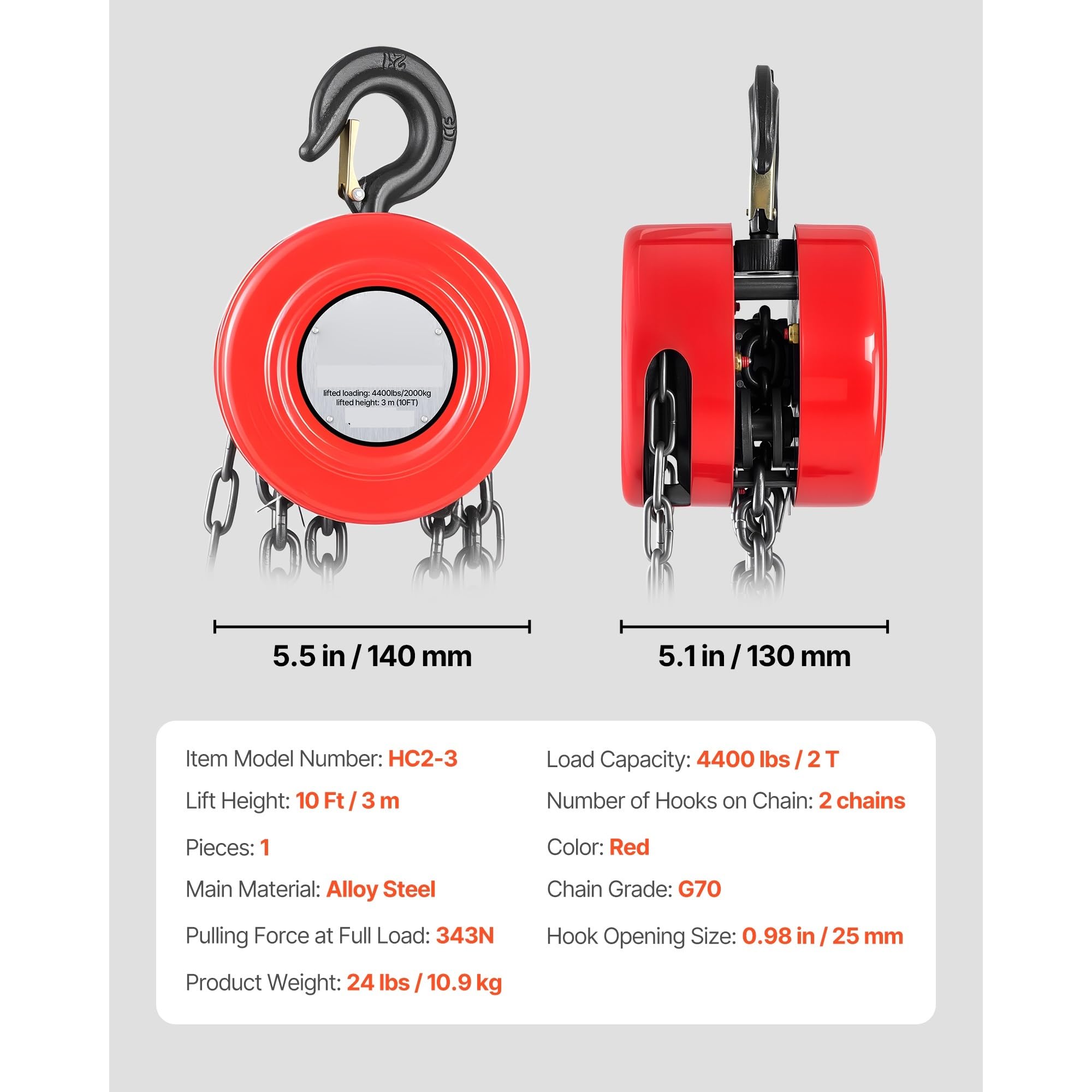 Elektrische Seilwinde 1T/2T Handkettenzug-Handblock mit 8/10/20 Fuß Hubhöhenrolle für Garagenlagermaschinen Kettenzug(2T 10FT)