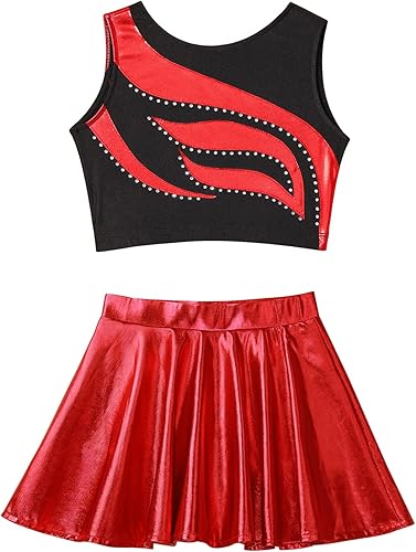 Miniatura 5 de FEESHOW Girls Kids Metallic Crop Top with Mini Skirt Ballet Dance Jazz Hip Hop Performance Competition Costumes