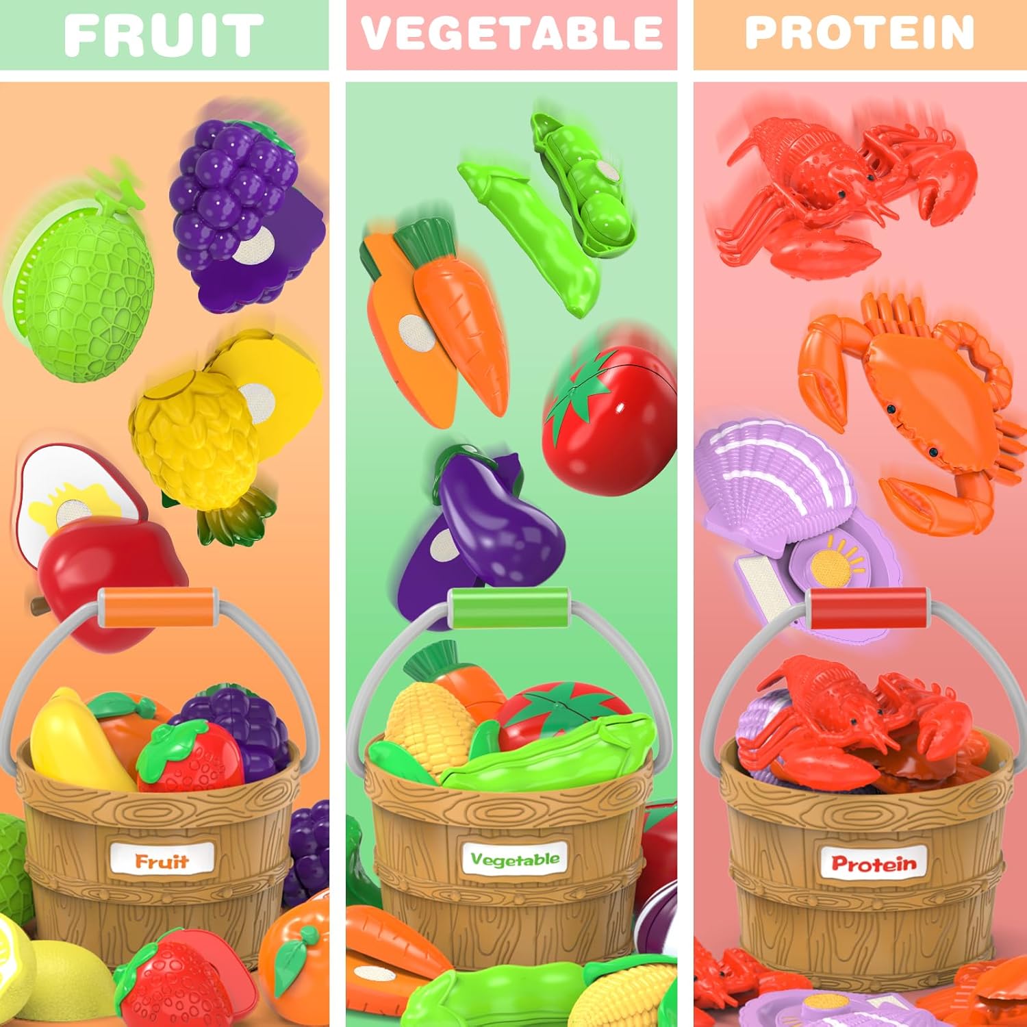 Sorting Play Food Sets - 5 Buckets, 1 Storage Basket & 120 Pcs Cutting Play Food Toy with 2 Colors Storage Basket, Cutting Fake Food Toys for Kids Kitchen, Preschool Learning Educational Birthday