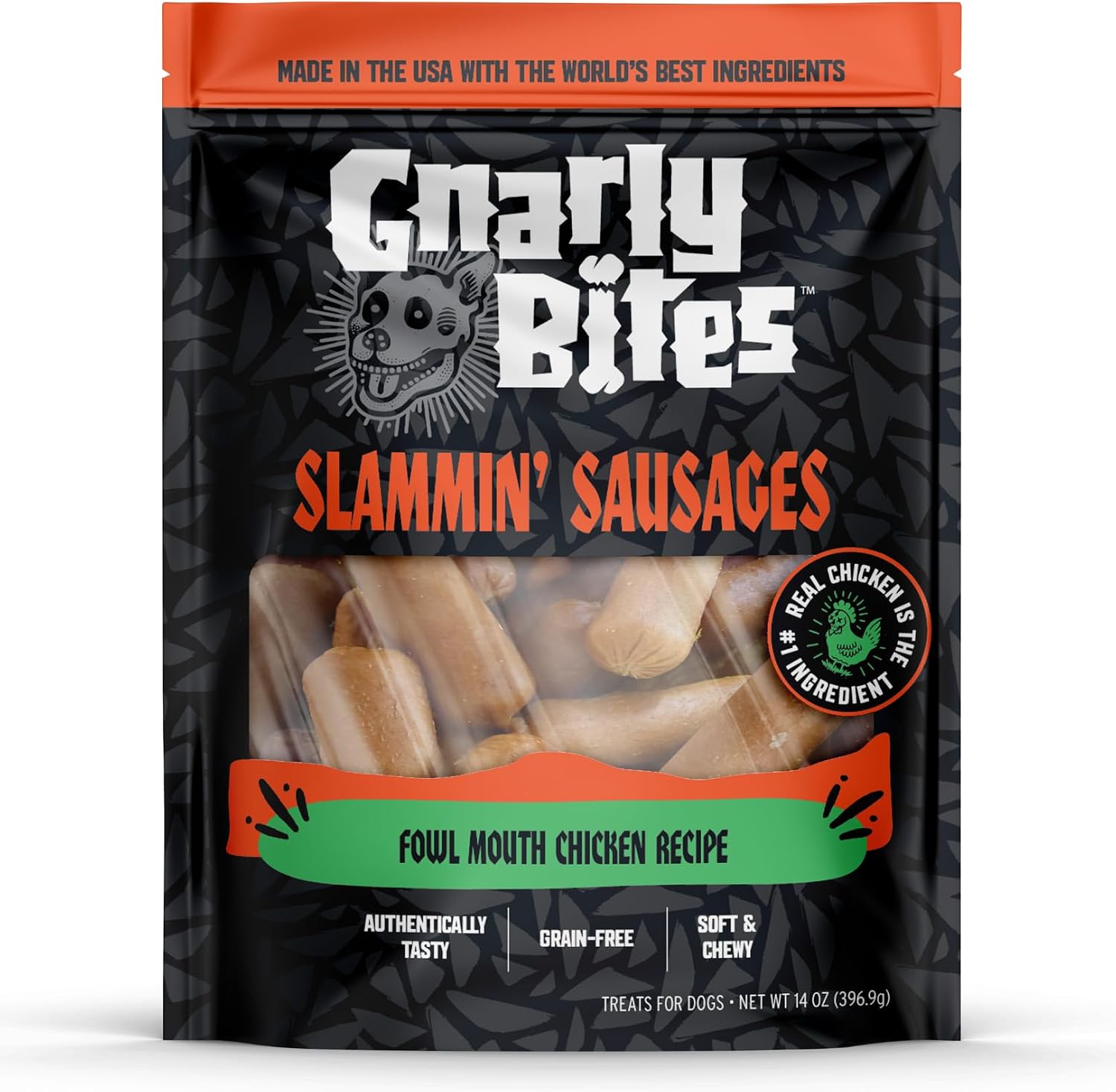 GnarlyBites Slammin Sausage Dog Treats: Soft Chewy High Protein Chicken Snacks for Puppies & Adults, Grain-Free 14oz