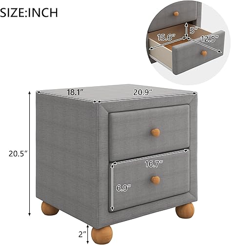 Miniatura 2 de MACHOME Mesita de noche tapizada con 2 cajones de almacenamiento y perillas de madera natural, tela sintética no tejida, mesita de noche moderna,