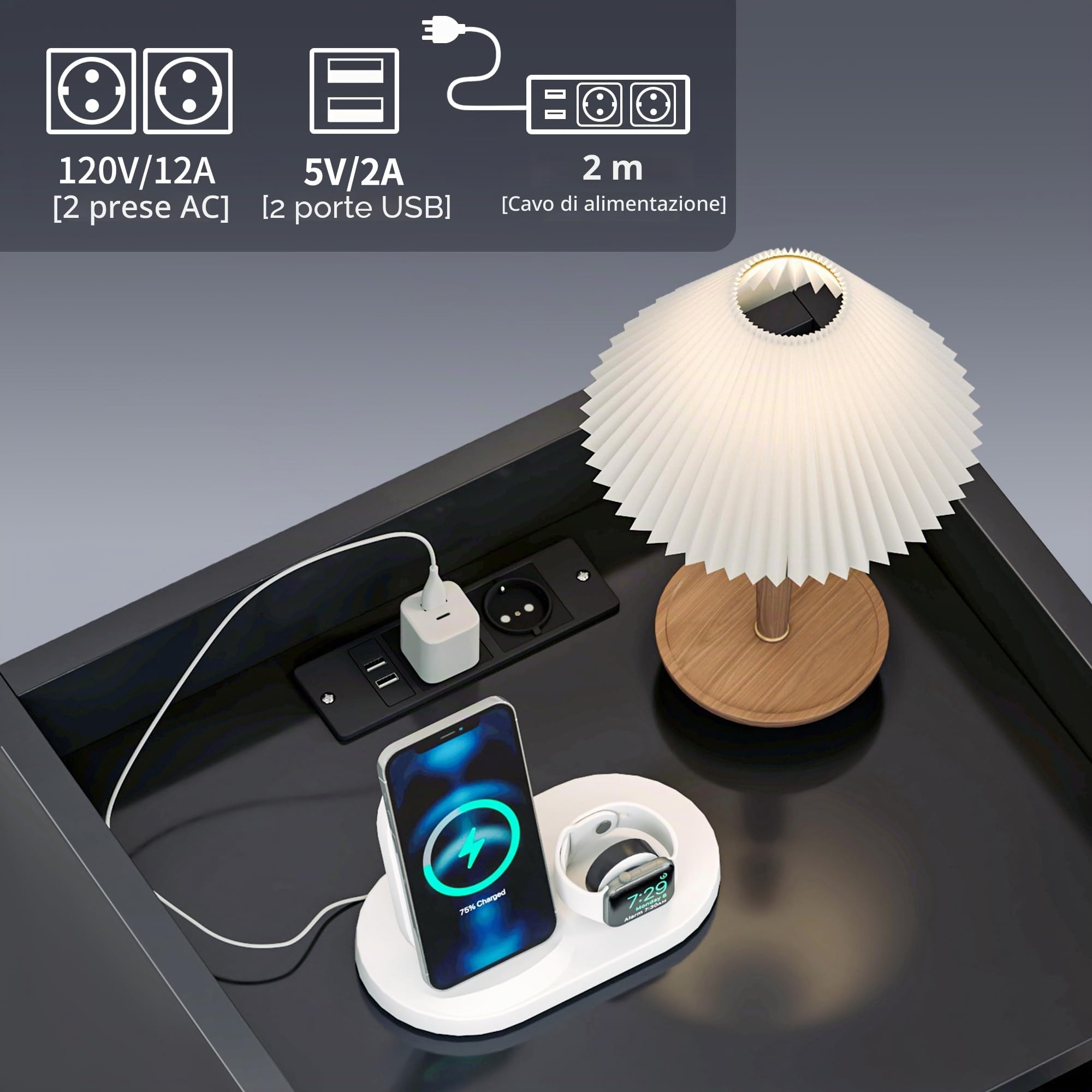 YITAHOME Comodino con stazione di ricarica, comodino nero con LED e presa di corrente, comodino con 2 cassetti e 1 scomparto Nightstand, tavolino per soggiorno, camera da letto