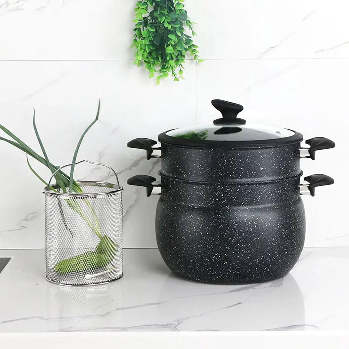 Royal Swiss® Couscous- & Dampf-Topf 12 L – Aluminium mit Stone-Beschichtung – Für alle Herdarten inkl. Induktion – Glasdeckel mit Dampfauslass – Schwarz (12L)