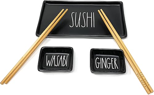 Miniatura 2 de Rae Dunn Plato "Sushi", cuencos de inmersión "Wasabi & Ginger" y juego de palitos de cerámica negra