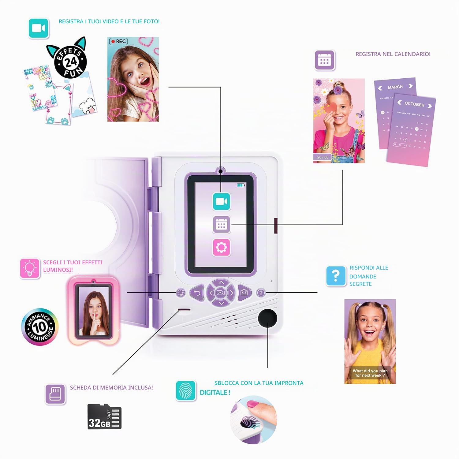 Canal Toys - Diario Segreto Video per Bambini Viola - Registra i Tuoi Segreti in Video e Foto - Regalo Bambini Giochi Elettronici 7 Anni + - Impronta Digitale - 24 Effetti - 32 GB - LED - Inf 043