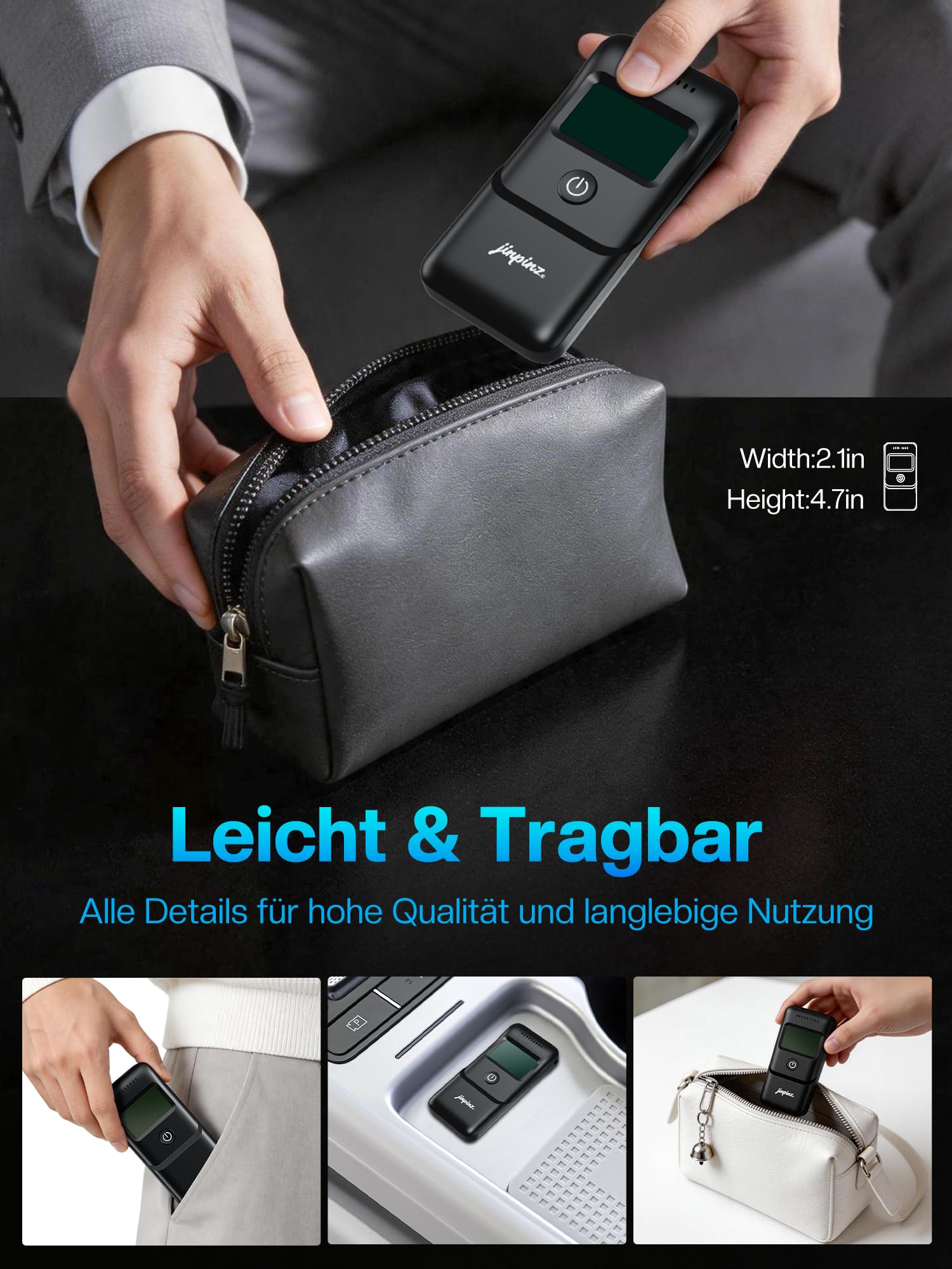 Alkoholtester Promillemessgerät Atemalkoholtester mit Halbleiter Sensorik LCD Display - Tragbarer Alkoholmessgerät 10 Mundstücken Schwarz