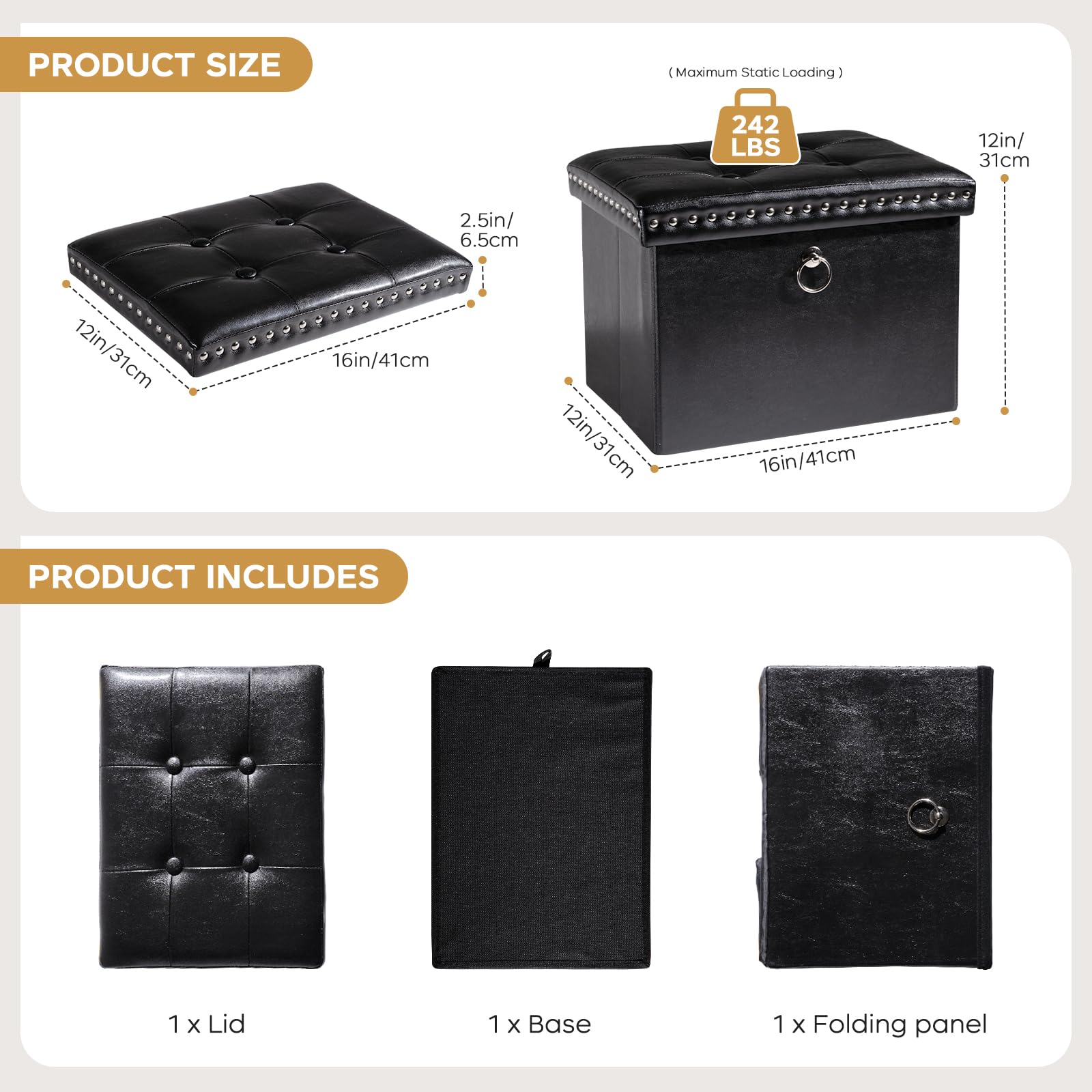 oakvivo Small 16 x 12 x12 Inches Folding Storage Ottoman, Faux Leather Foot Rest Stool with Rivet Design, Ottoman with Storage Vanity Stool Coffee Table for Living Room, Bedroom, Load 242 lbs, Green: Black 12"D x 16"W x 12"H