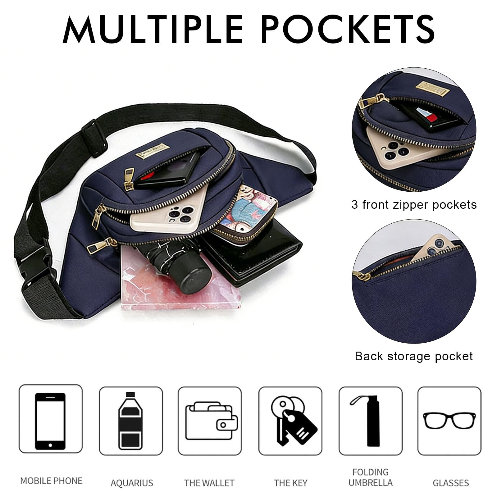 ADUDVLO Bumbags for Ladies Women Men Lightweight Adjustable Bum Bag Fanny Pack with 4 Zipper Pockets,Fashionable Waist Pack for Travel, Running, Hiking, Cycling (Black) — view 25