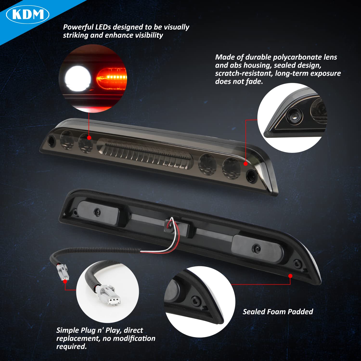 KDM Smoked Lens LED 3rd Brake Light, Fit for 2015-2020 Ford F150 F250 F350 F450,Rear High Mount Third Stop Tail Red + Roof Cargo White Lamp,1Pack