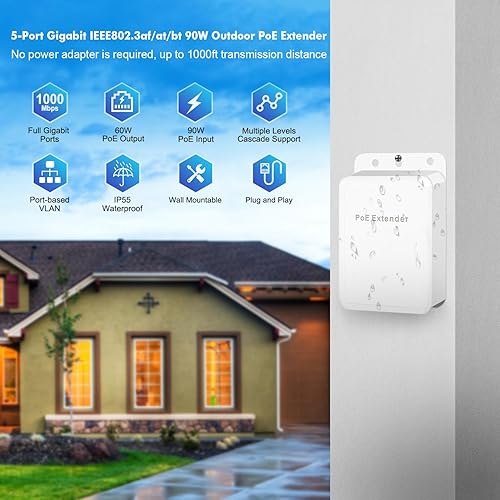 Miniatura 2 de MokerLink Extensor PoE Gigabit de 5 puertos para exteriores, IEEE 802.3 afatbt Repetidor PoE 90W, 101001000Mbps, 1 PoE en 4 salidas PoE, interruptor