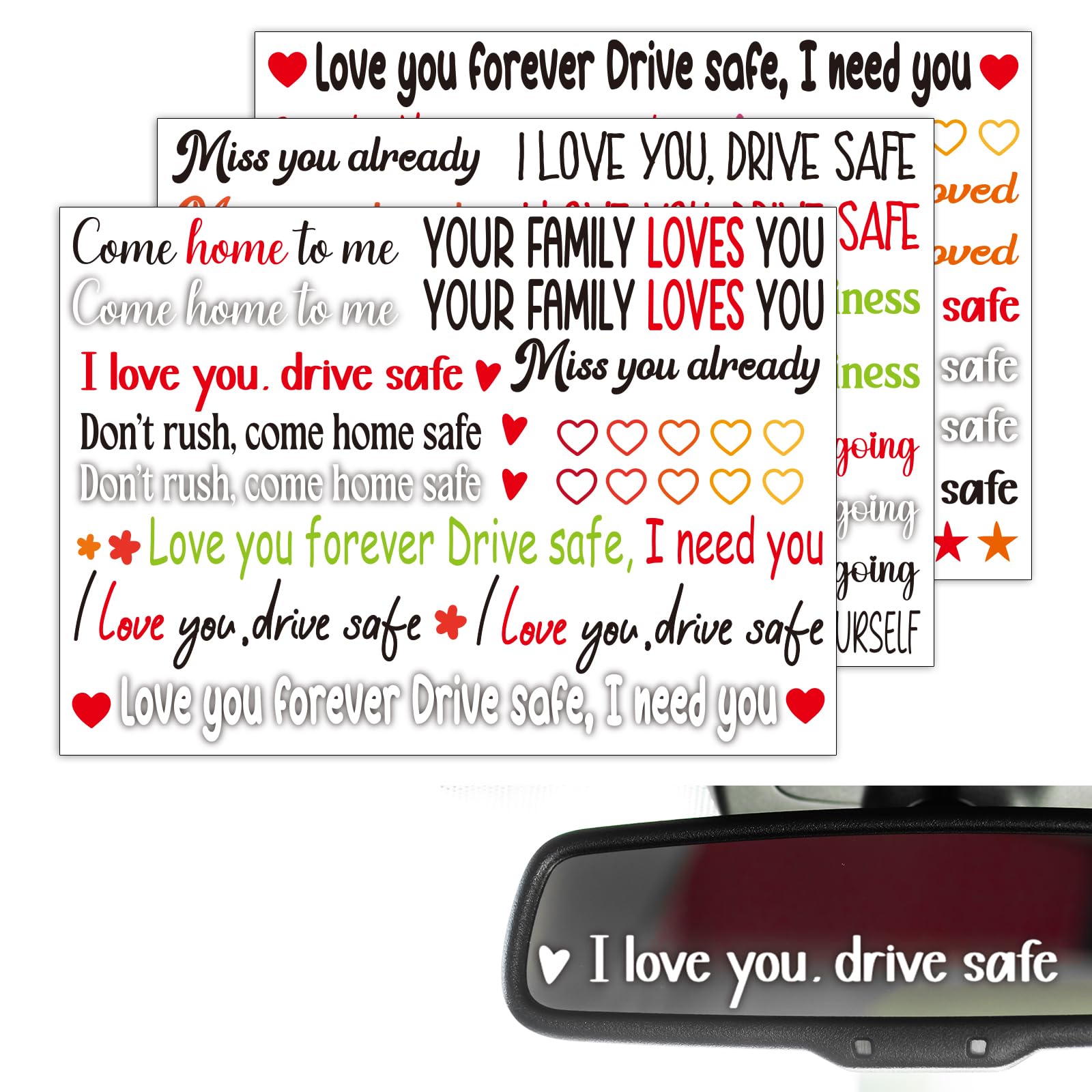 38 Stück Auto Aufkleber Set – 3× A3 Drive Safe Sticker „I Love You Drive Safe“ & „YOUR FAMILY LOVES YOU“, Spiegel Aufkleber & Rückspiegel Anhänger, Auto Geschenke für Männer & Paare
