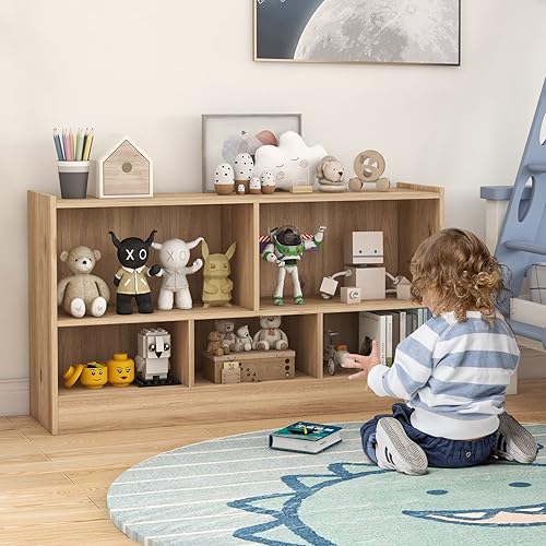 Miniatura 2 de MEDIMALL Organizador de almacenamiento de juguetes para niños de 5 cubos, estante de almacenamiento de madera de 2 niveles para libros y juguetes,