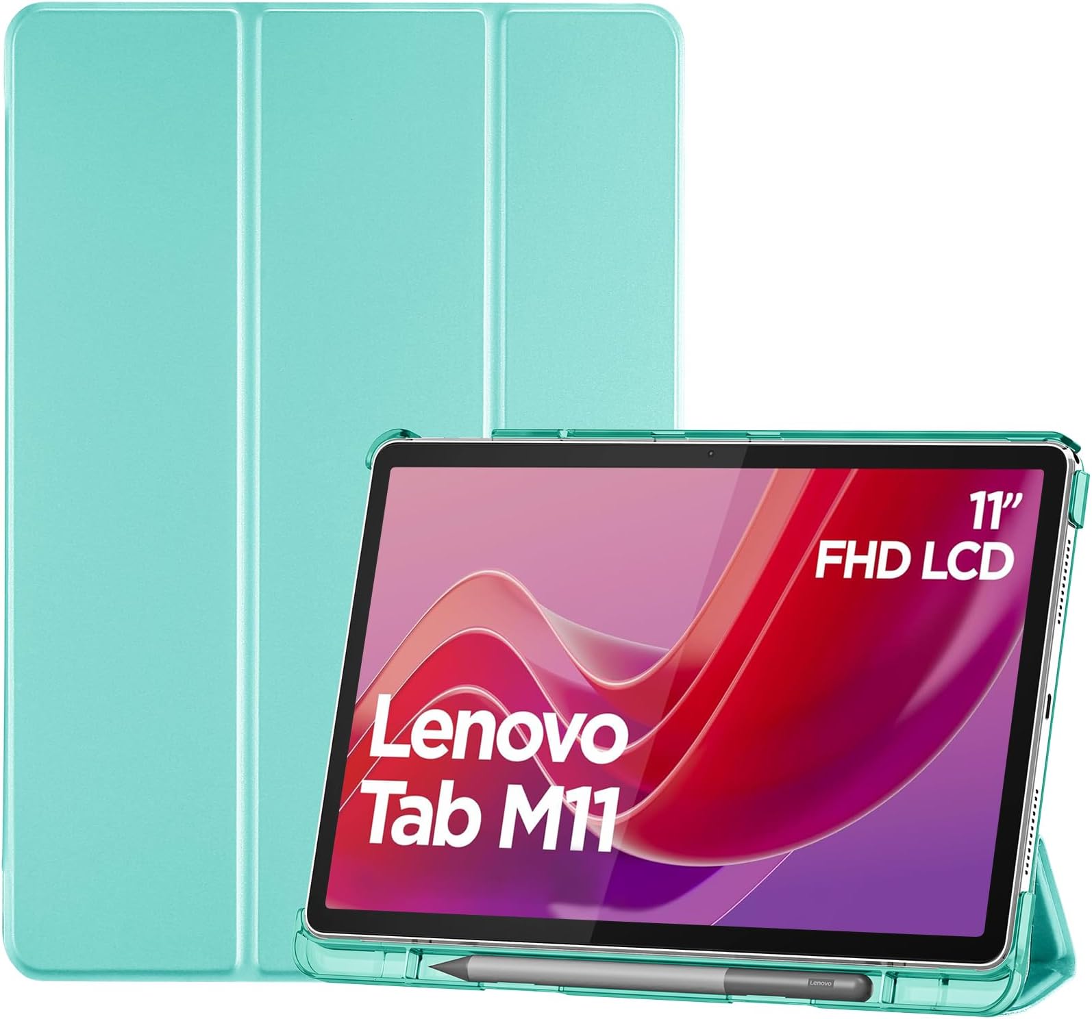 Smart Case for Lenovo Tab M11/Tab K11 LTE 11" 2024 TB330FU with Pen Holder, Slim Stand Tri-Fold Hard Shell Protective Tablet Cover Translucent Back Case Support Auto Wake/Sleep -Mintgreen