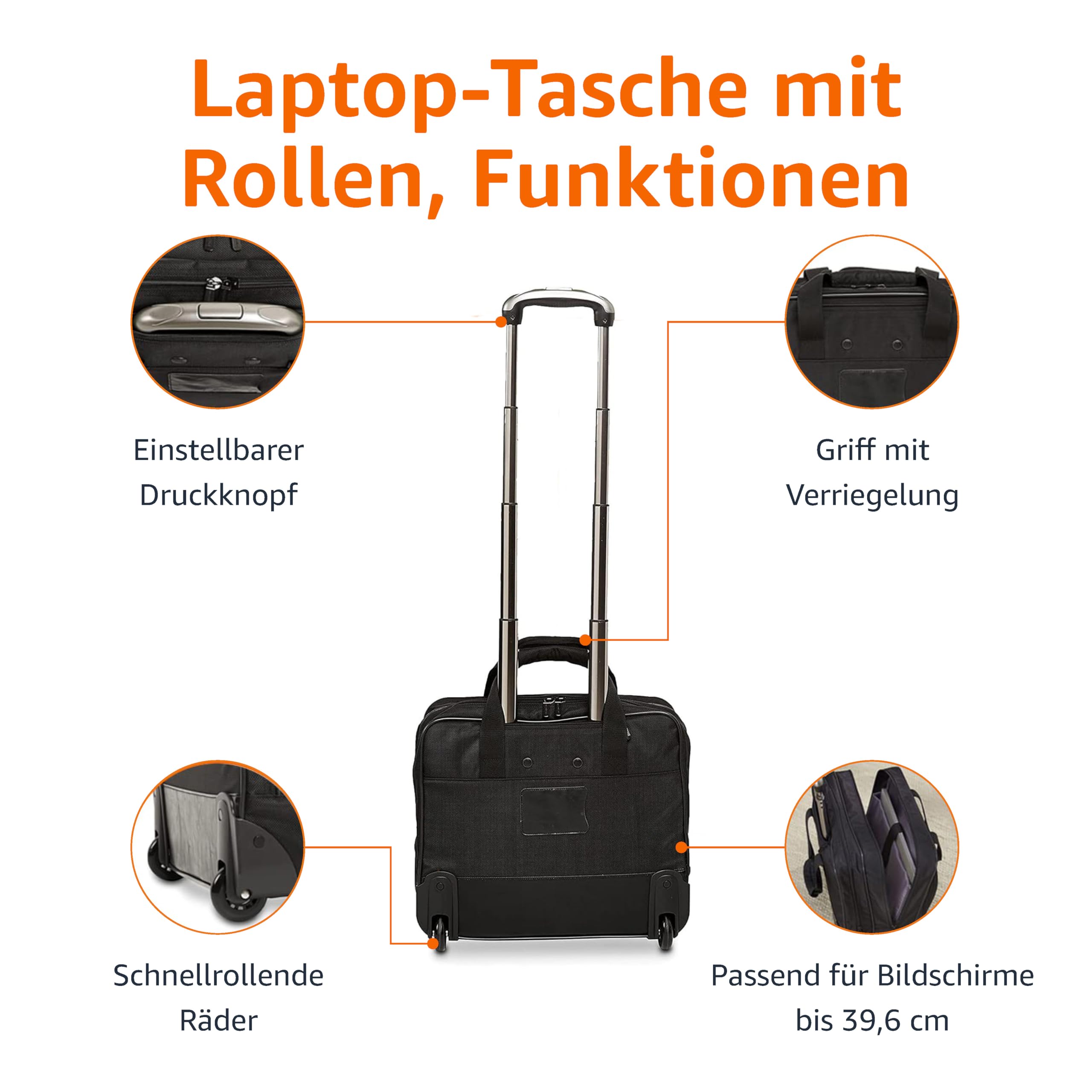 Amazon Basics Laptop-Trolley, mit schnell laufenden Rollen und leicht zugänglicher Vordertasche - geeignet für Laptops bis 15,6 Zoll (39,6 cm), Schwarz