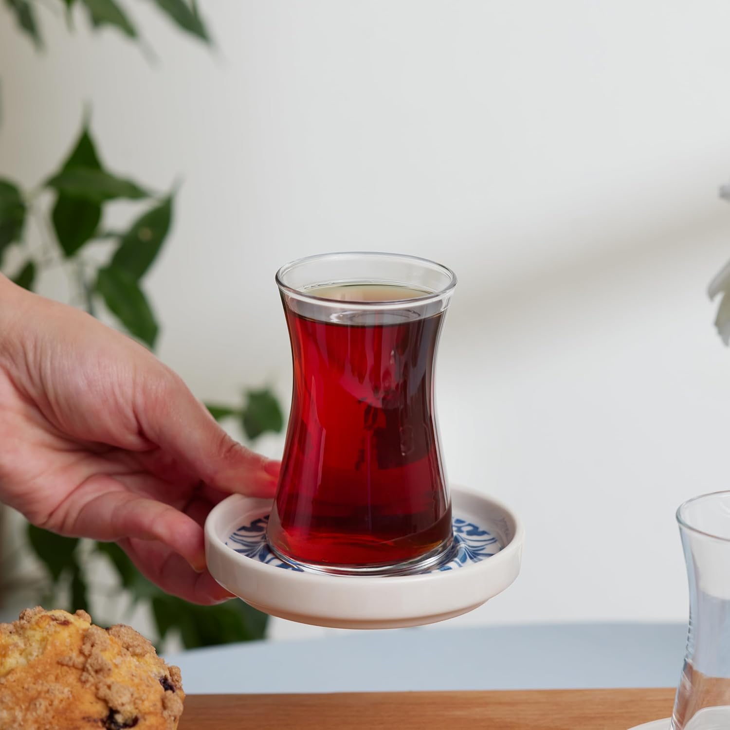 KARACA Mavili Turkish Tea Cups Set - 12 Piece Turkish Tea Glasses and Stoneware Saucers - Authentic Glass Drinking Sets for 6 People - Ideal Adult Teacup Set (170 ml)