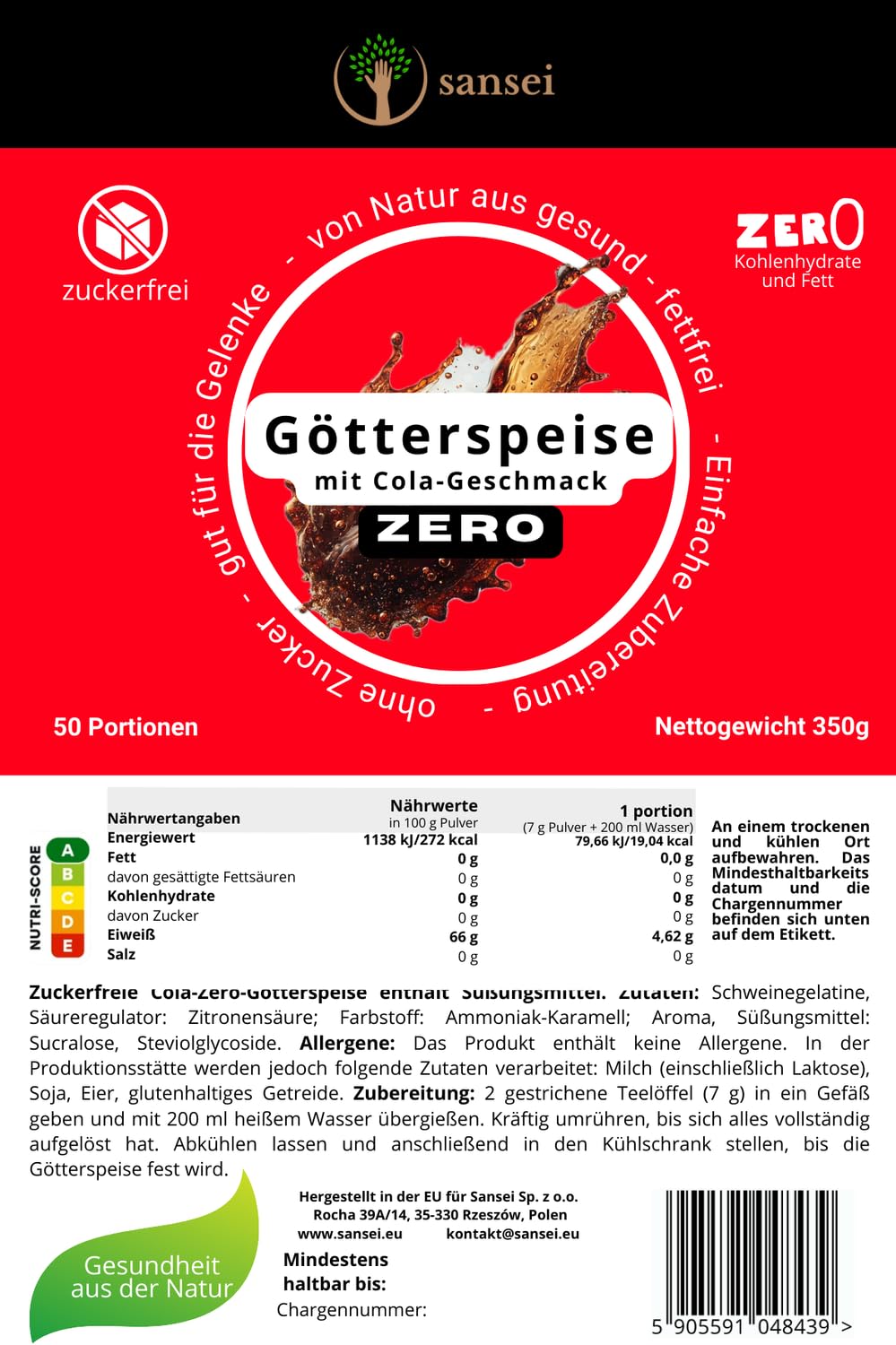 Sansei Cola-Götterspeise ohne Zucker 350g | Ohne Zucker, mit Süßungsmitteln und 350 g Inhalt