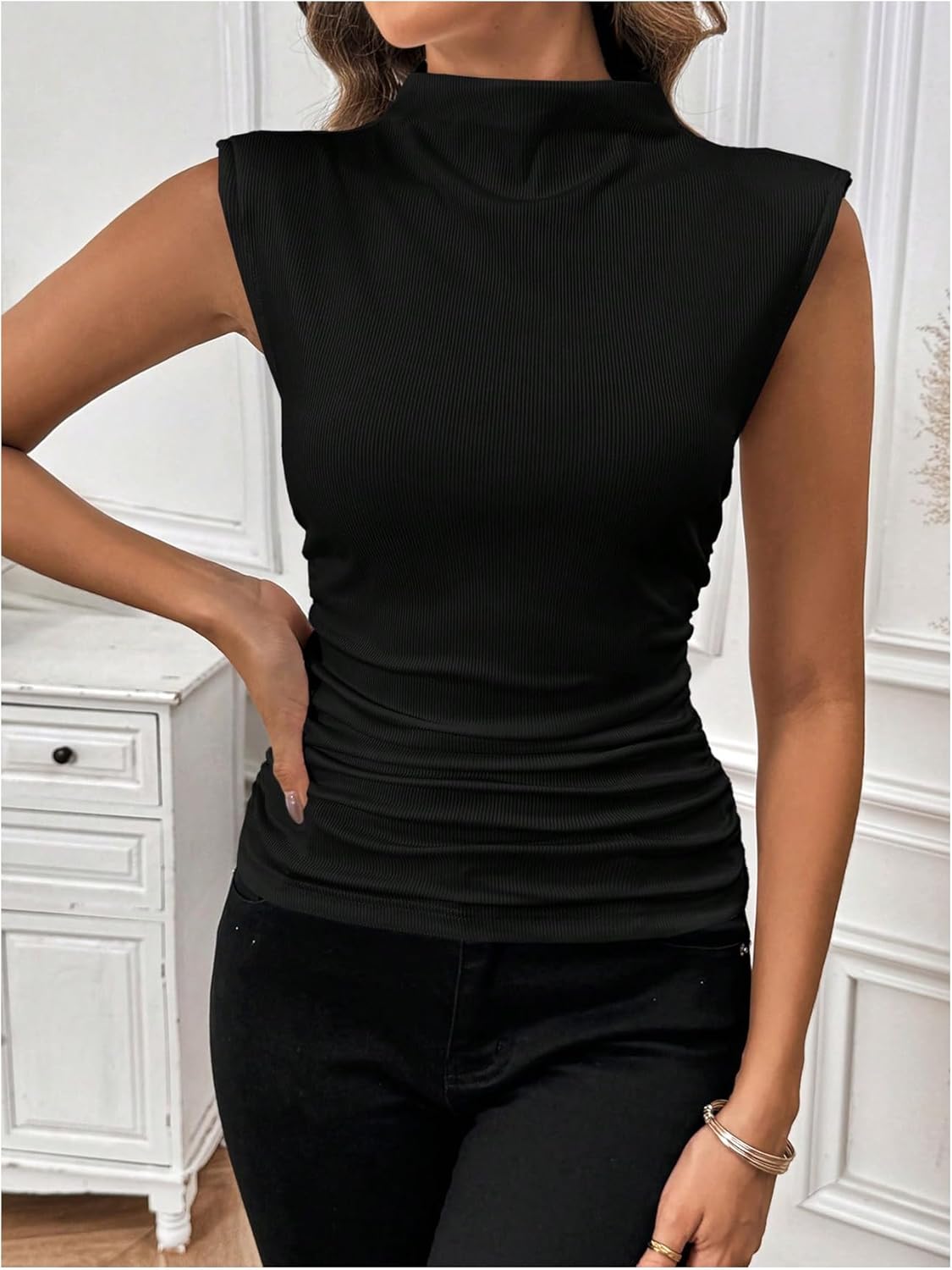 SweatyRocks Women's Mock Neck Fitted Tank Top Cap Sleeve Ruched Business Casual Ribbed Knit Tops - Image 5