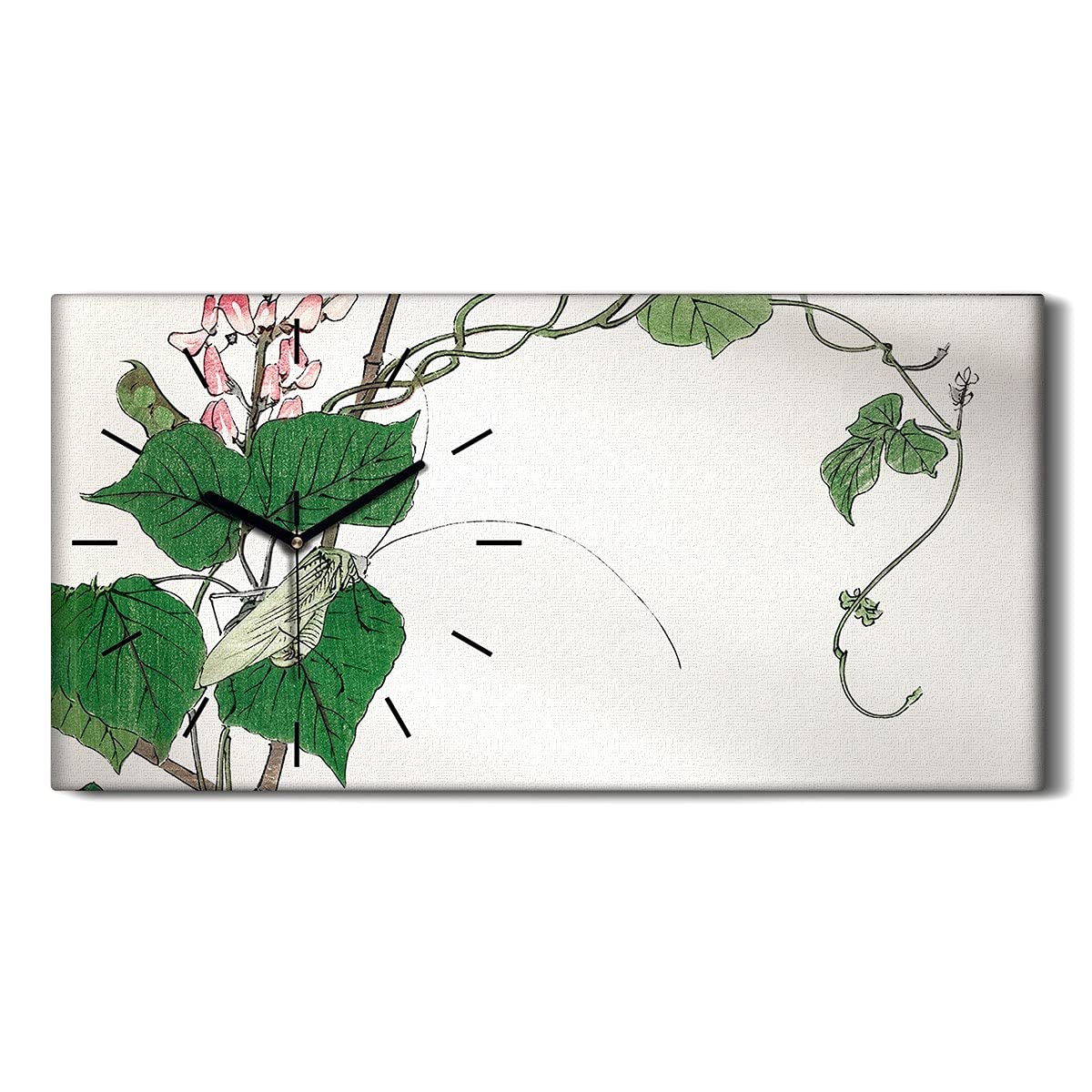 Horloge sur Toile 60x30cm au design de feuilles asiatiques et insectes avec aiguilles noires