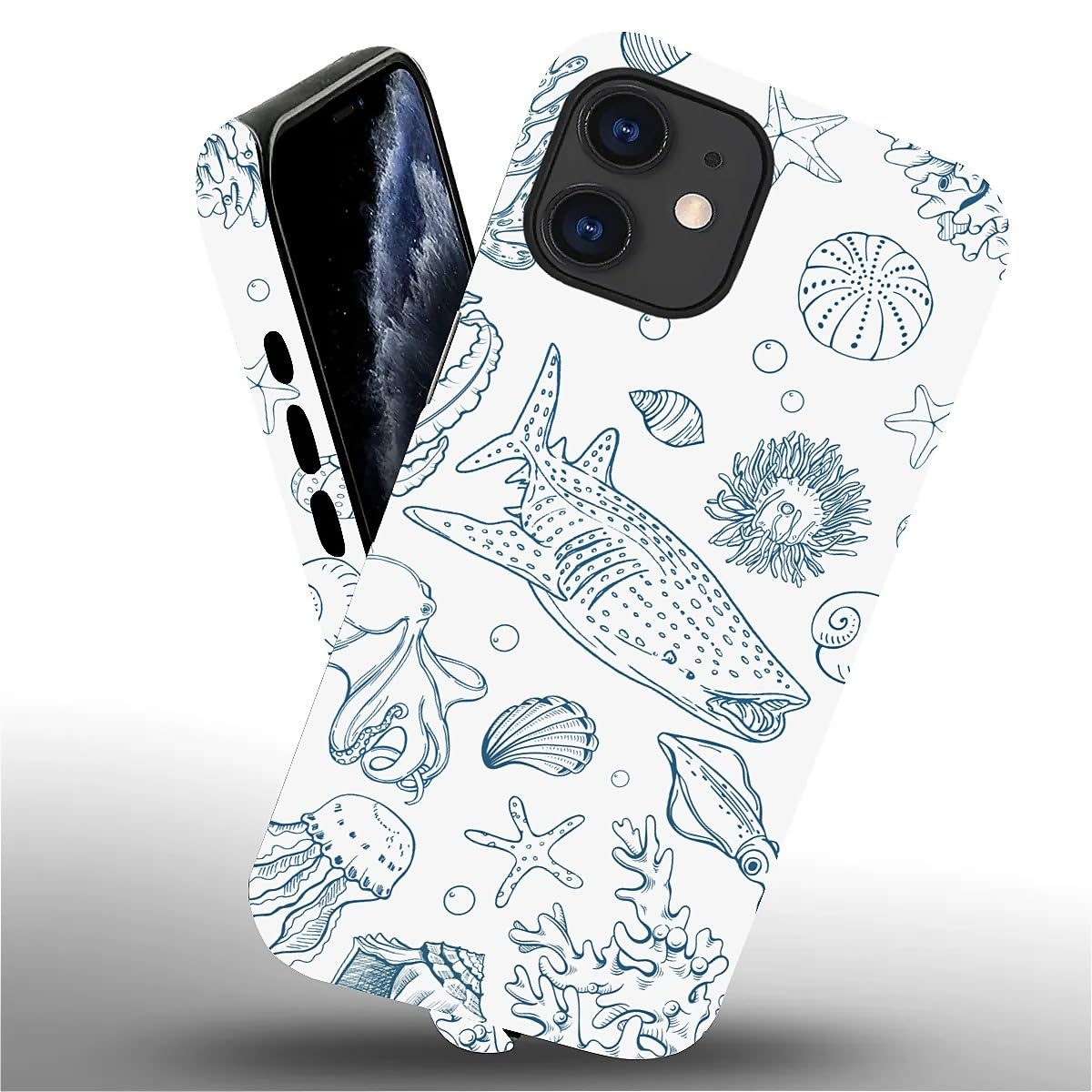 FKBRCL4U for iPhone 12 or 12 Pro Case, Hybrid 2-Layer Silicone Protective Matte Case for Girl Women Whale Shark Coral Reefs Seashell Starfish Pattern