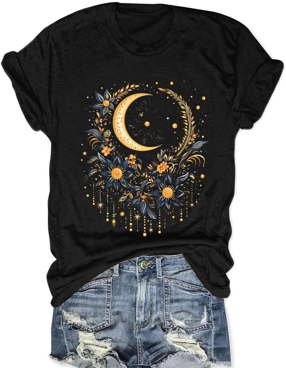 Women Mystical Moon and Sun Flower Shirt Vintage Wildflower T Shirts Boho Graphic Tees Short Sleeve Celestial Moon Tops