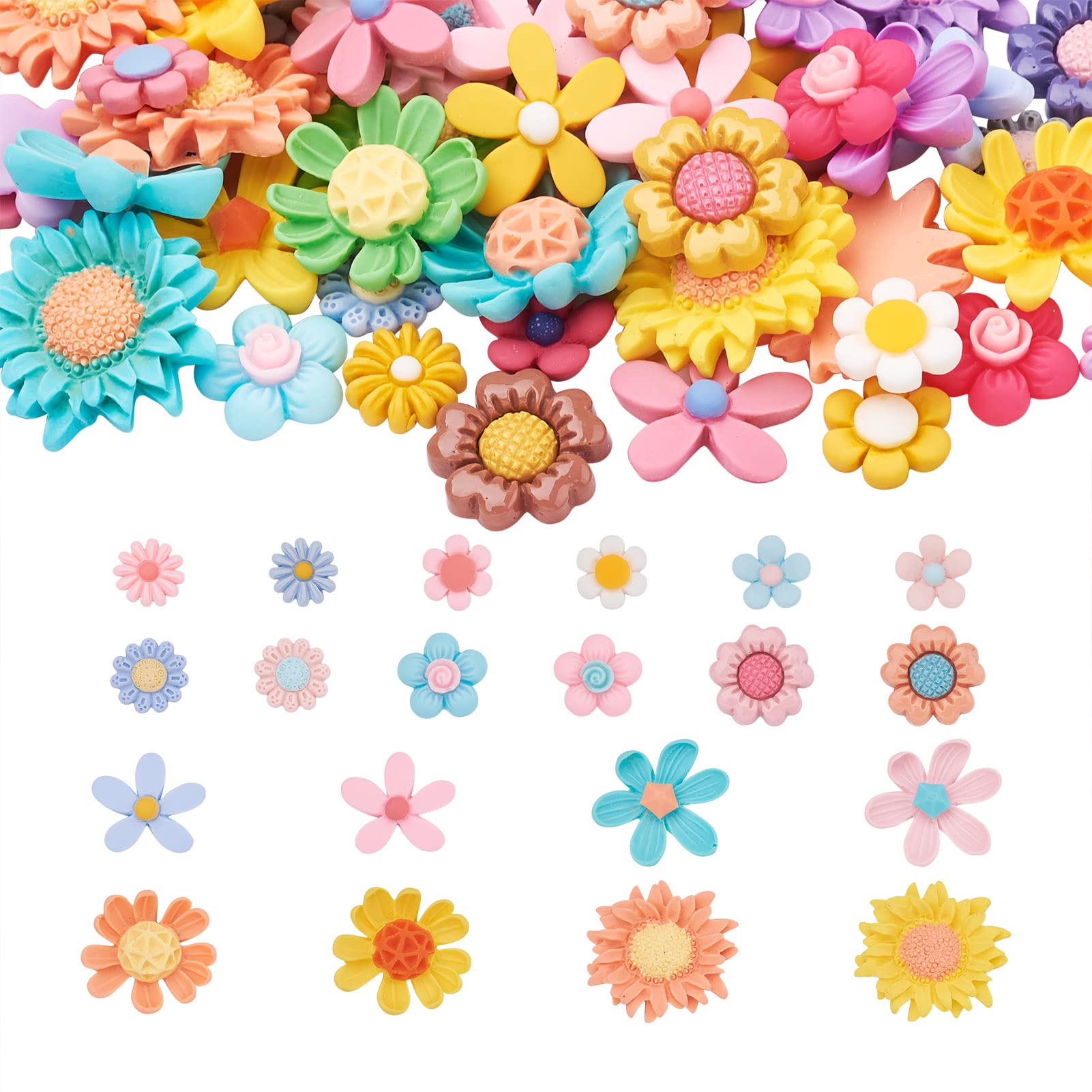 Craftdady 200Pcs 10 Styles Opaque Resin Cabochons Flower Sunflower Daisy Flat Back Slime Charms No Hole for Jewellery Earrings Making Decoration