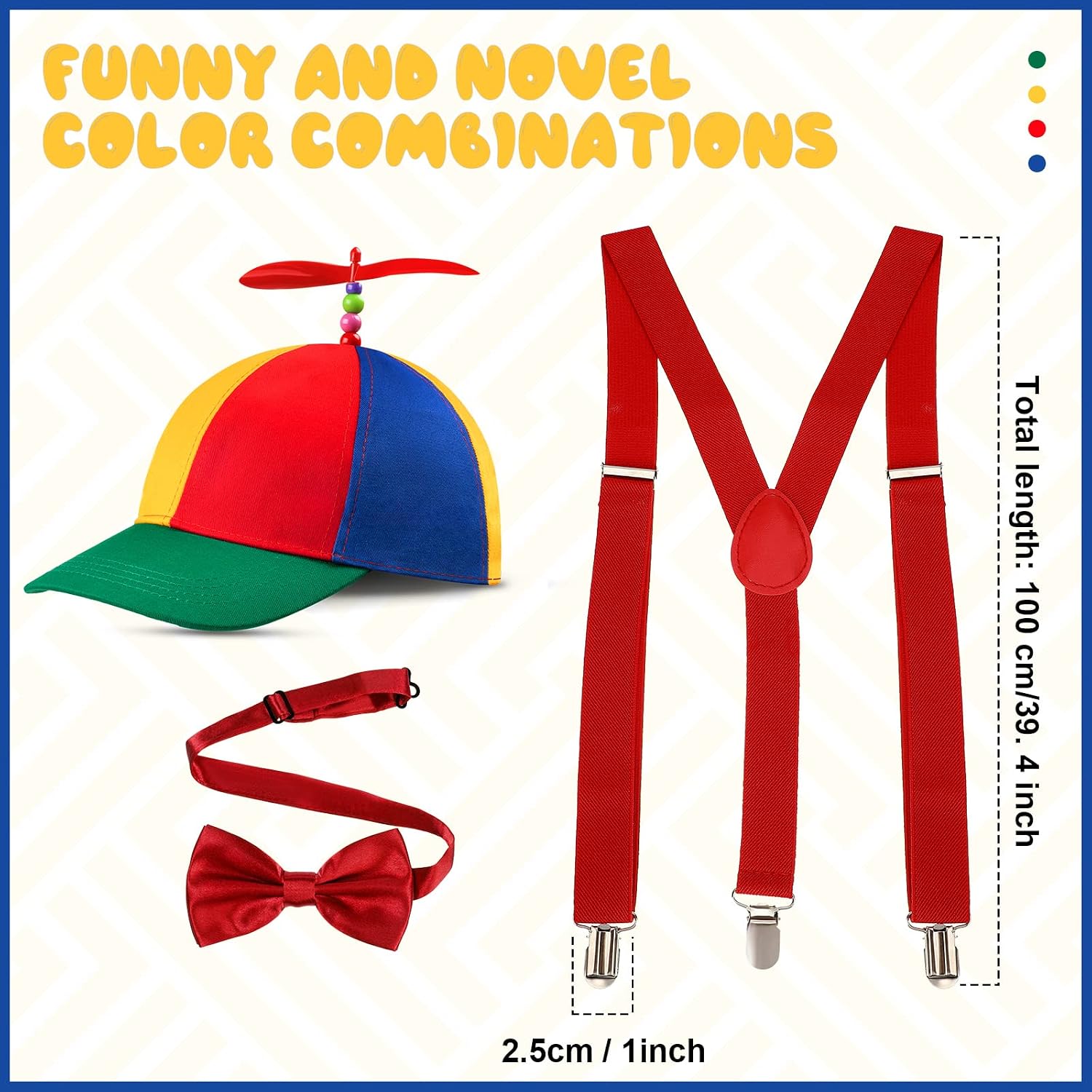 Yahenda Detachable Rainbow Top Clown Propeller Hats Adjustable Elastic Y Back Suspenders for Men Adult Costume Pre Bow Tied