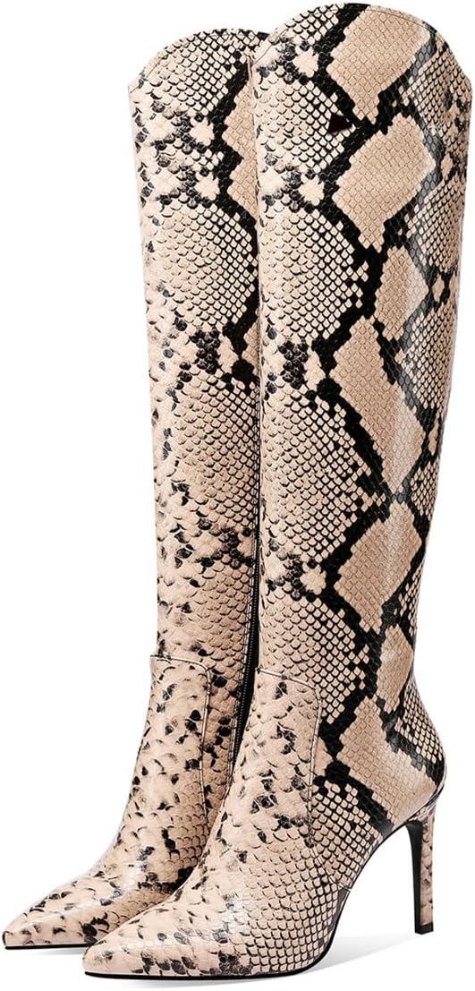 JANSEVEN Snakeskin Knee High Boots for Women Snake Skin Tall Boot with Stiletto High Heel Python Print Pointed Toe Fashion Boots Side Zipper