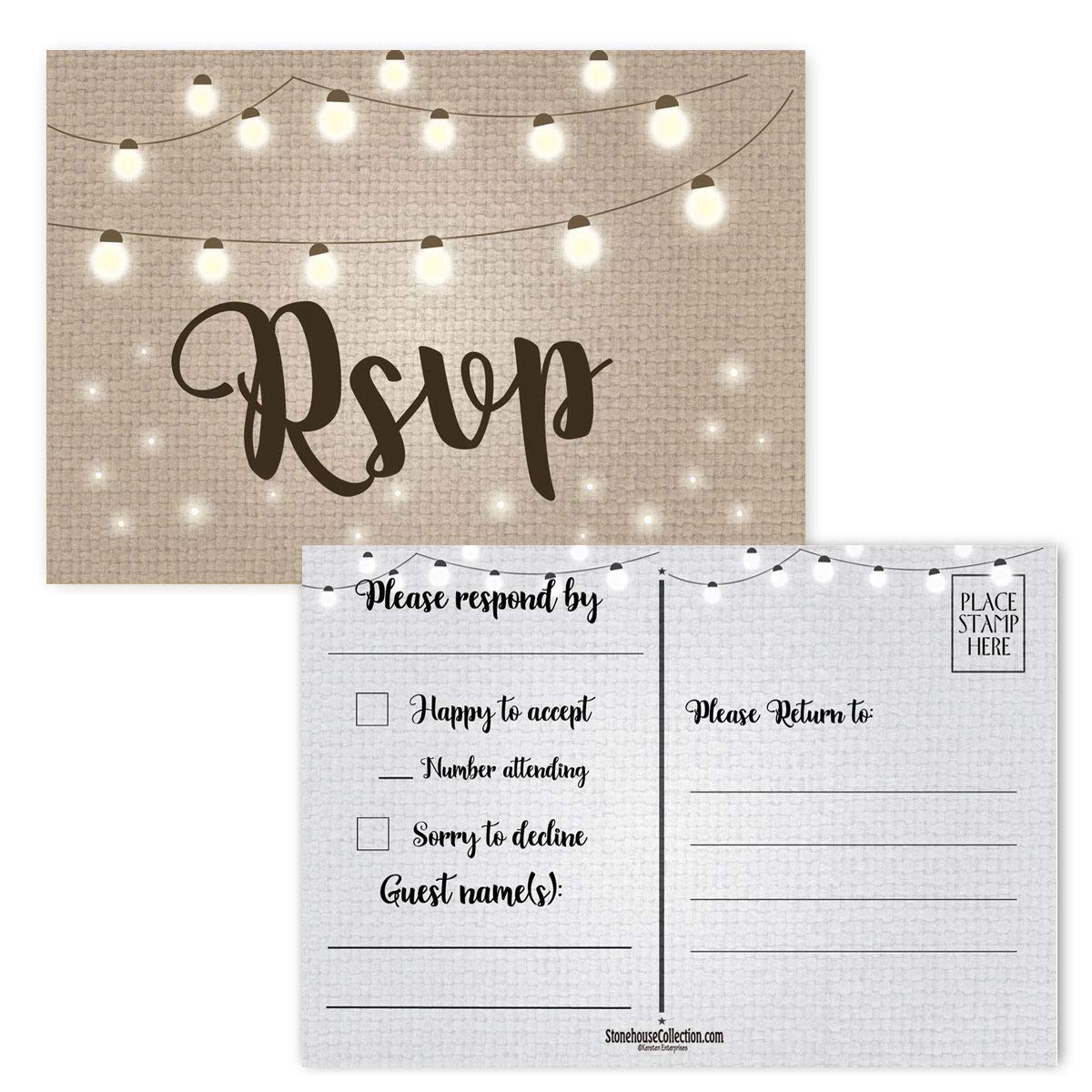 Stonehouse Collection | 40 Rustic String Lights RSVP Postcards | Wedding, Baby Shower, Birthdays, Celebration Announcements | Great For Any Occasion |