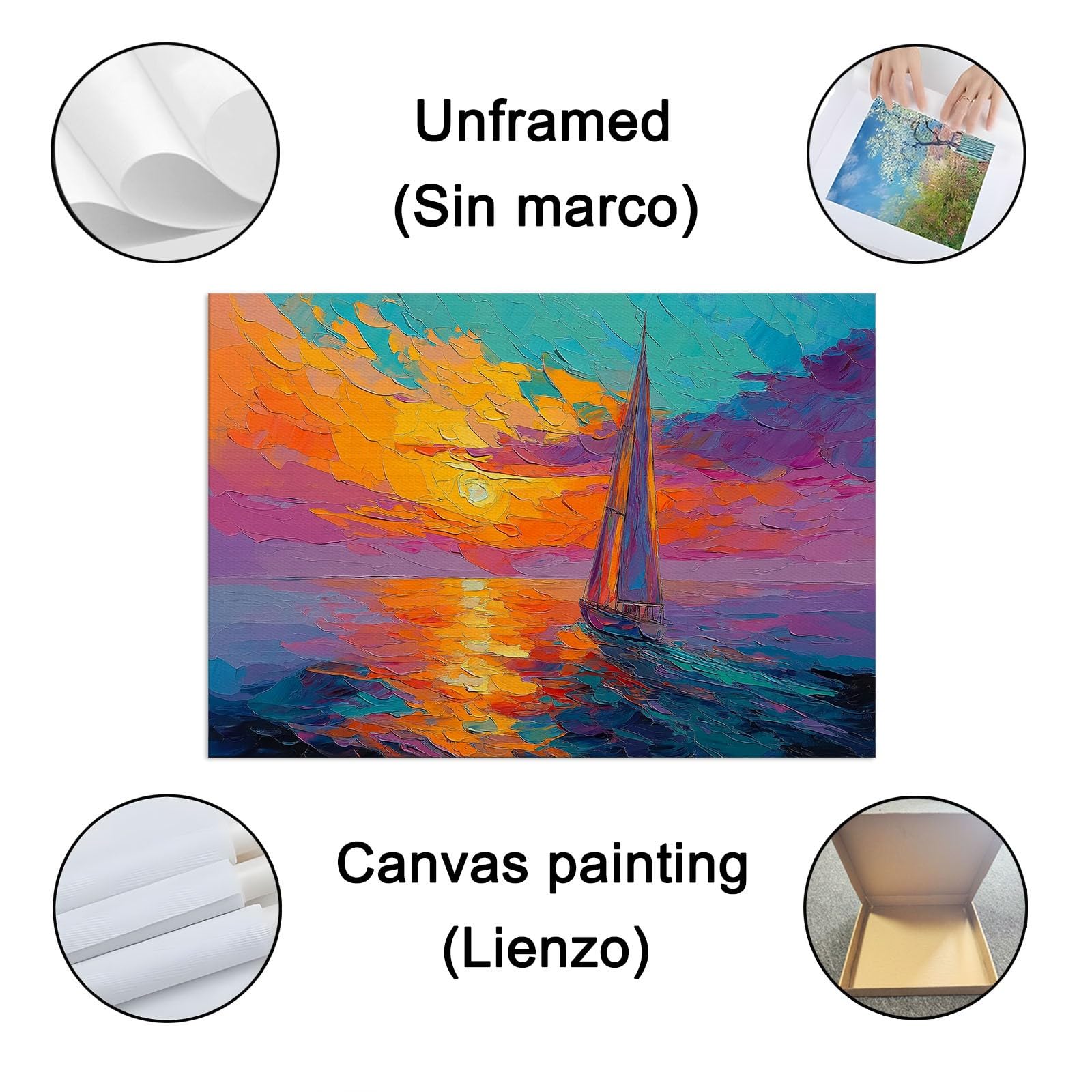 Bilder Ölgemälde Sonnenuntergang Segelboot auf dem Meer 1 Teilig Leinwandbilder Bunt Bild auf Leinwand Vlies Wandbild Kunstdruck Wanddeko Wand Wohnzimmer Wanddekoration120L x 50B cm Ungerahmt
