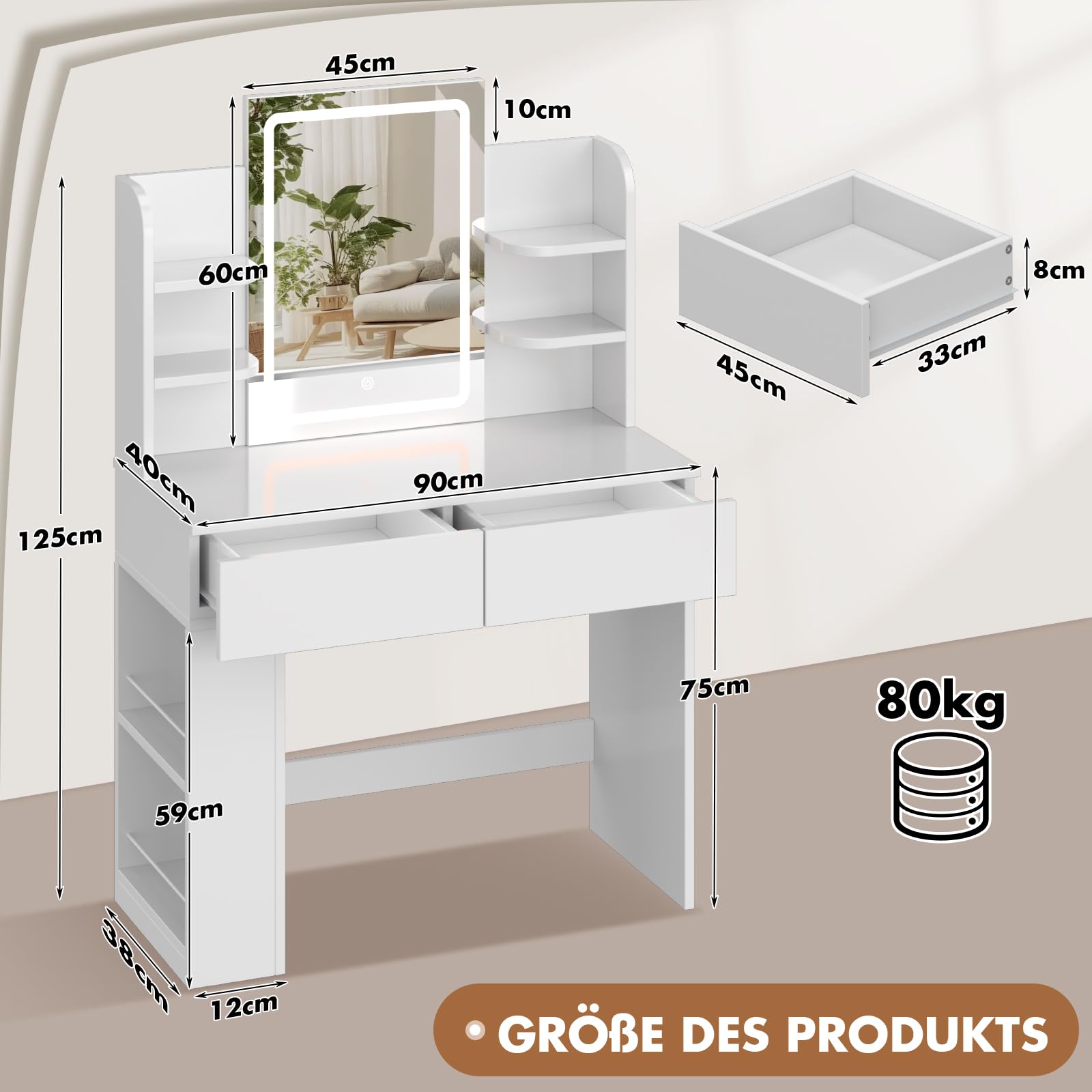 Devoko Schminktisch mit LED-Beleuchtung Spiegel, 3 Farben Verstellbarer Helligkeit, Frisiertisch mit 2 Schubladen, 4 Ablageböden, Modern, 90 x 40 cm für das Schlafzimmer, Weiß
