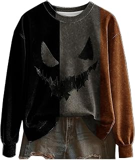 Sweat à capuche gothique à manches longues et col rond sans capuche - Imprimé fantôme et sourire - Couleurs contrastées - Haut d'automne amusant - Costume d'Halloween - Sweat à capuche personnalisé