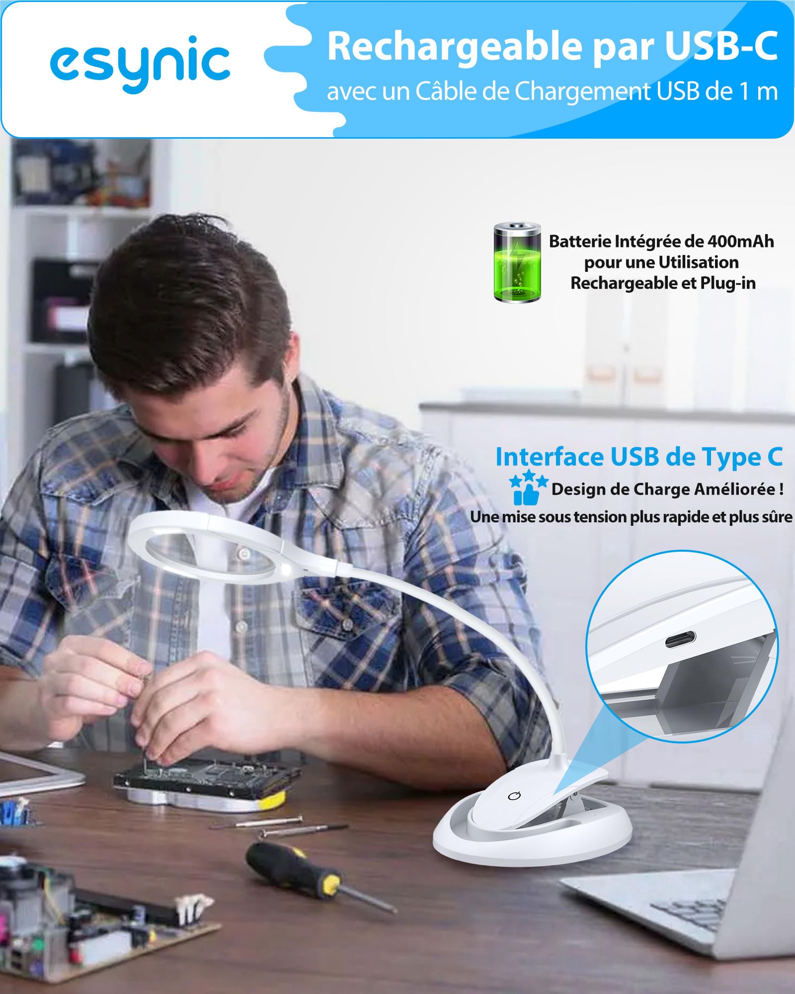 eSynic Lampe loupe LED 5X 10X Rechargeable avec Pince à métal 15LEDS 3 réglages d'éclairage réglables