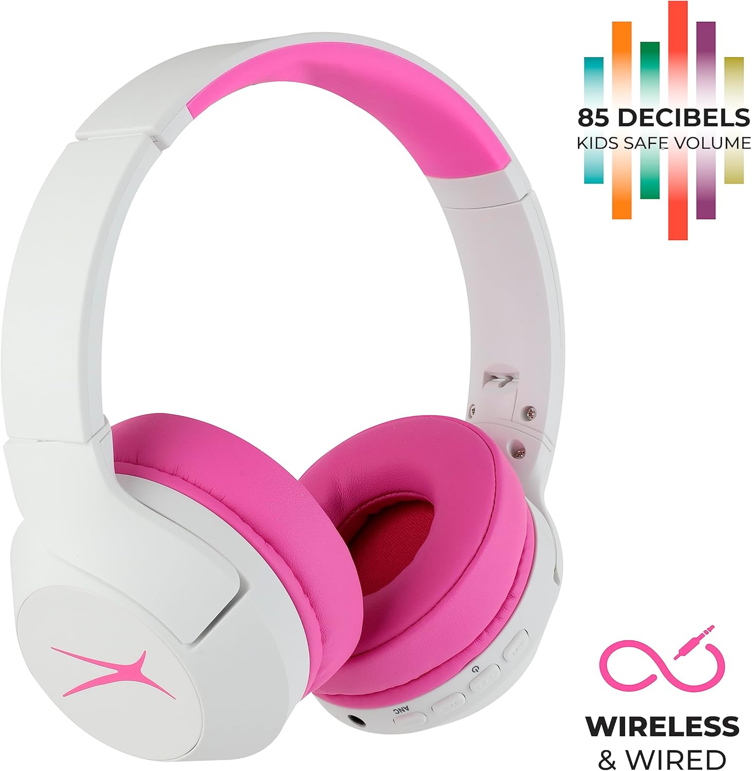 Altec Lansing Kid Safe Noise Cancelling Wireless Headphones 15H Battery, 85dB Volume Limit, Foldable Design Powerful Sound, Active Noise Cancellation Perfect for Kids Ages 7+ (Whiteout Pop Pink) - Image 4