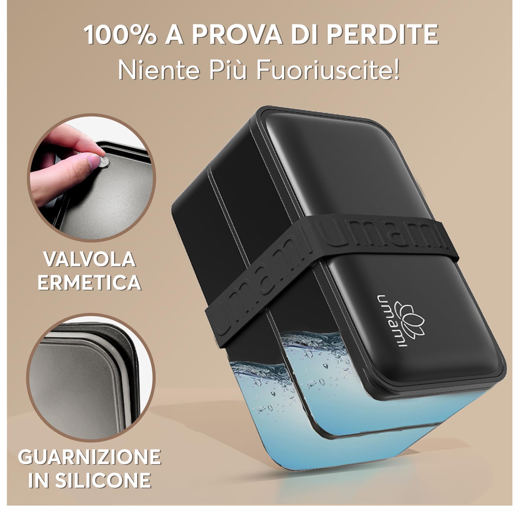 Umami Porta Pranzo, Sicuro per Microonde, Lavastoviglie, Portapranzo Ufficio, Bento Lunchbox Prova di Perdite per Adulti, Nero Opaco, 1200 ml