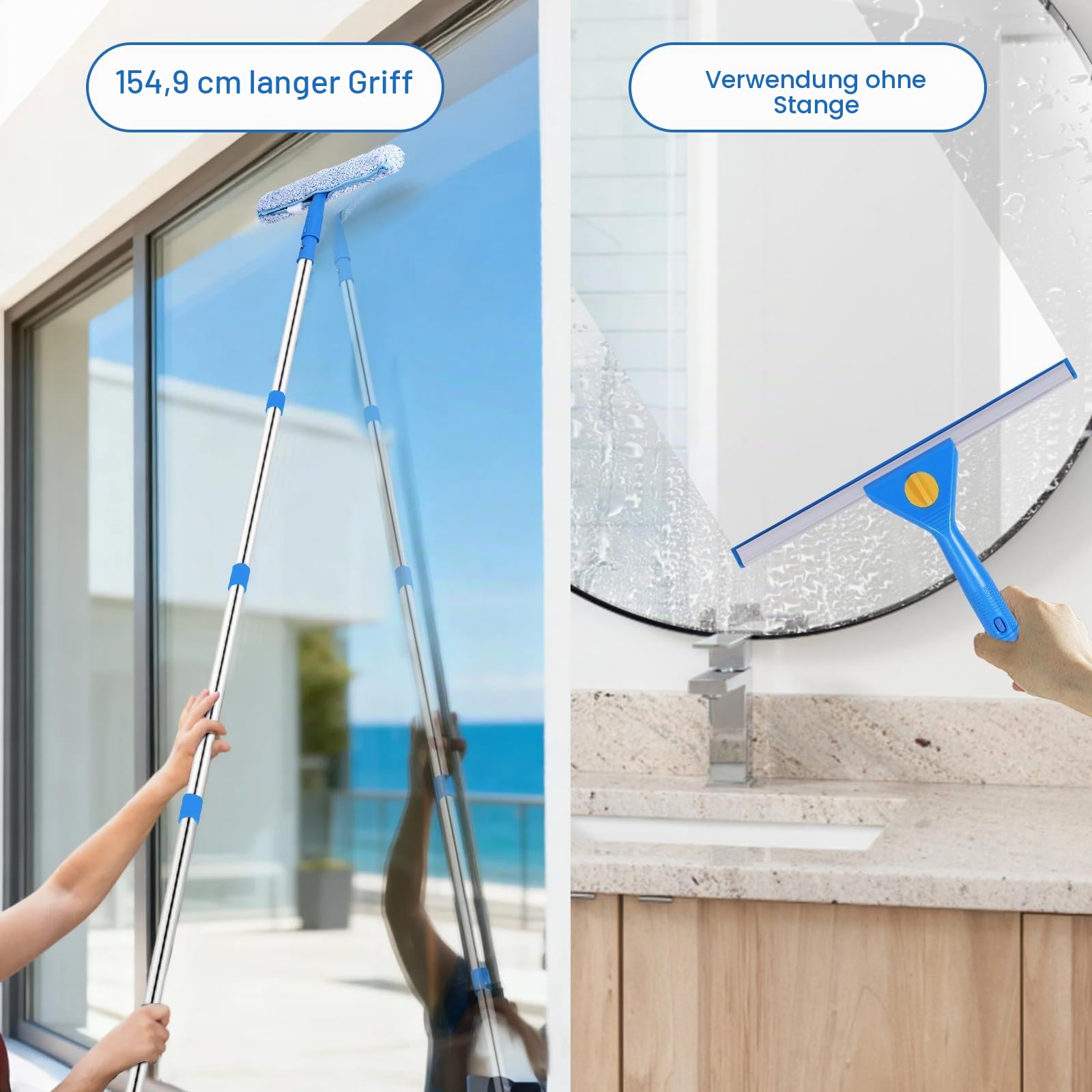 Fensterreiniger Set mit Falteimer 12L, 35cm Fensterabzieher & 38cm Fenster Einwascher mit 155cm Langem Griff, Profi Fensterputzer Set mit Mikrofasertuch für Haus, Fenster, Glas, Outdoor, Kommerzielle