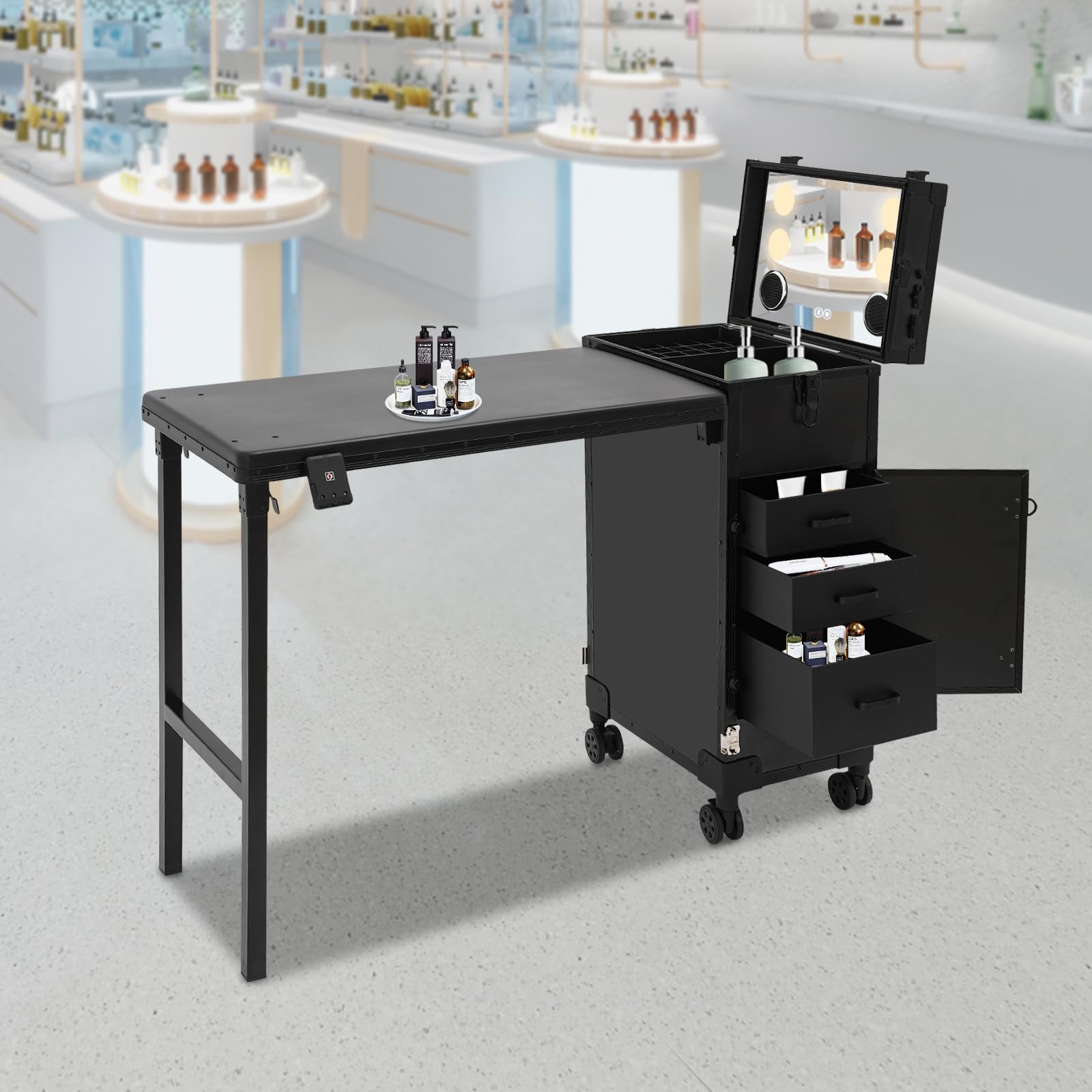 Trousse de maquillage professionnelle avec table, miroir LED et 3 tiroirs, table de manucure pour manucure, capacité de charge totale de 50 kg, couleur noire