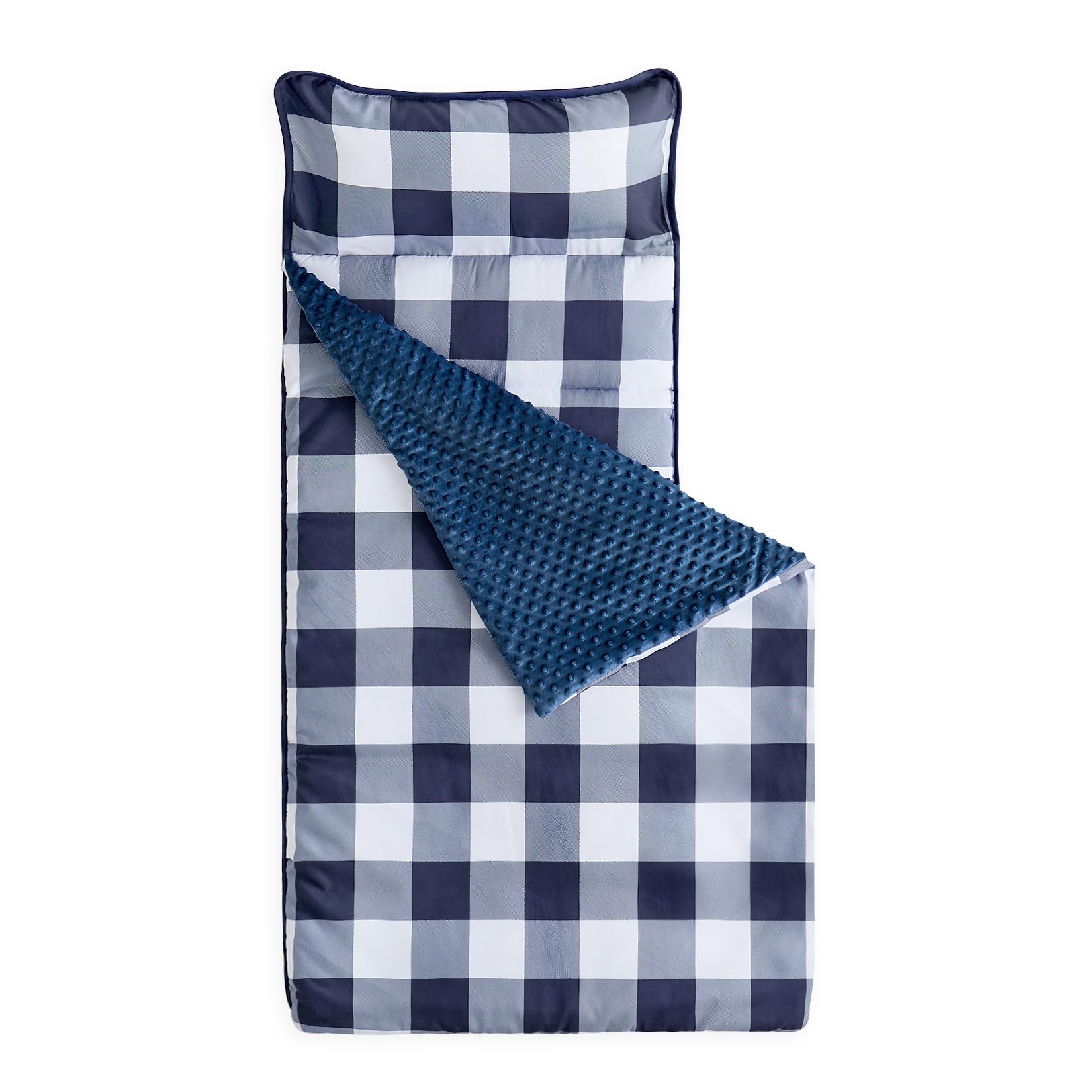 Wake In Cloud - Toddler Nap Mat with Pillow and Minky Fleece Blanket, for Kids Boys Girls in Daycare Preschool Kindergarten, Roll Up Sleeping Bag, Buffalo Check Plaid, Navy Blue White, Standard
